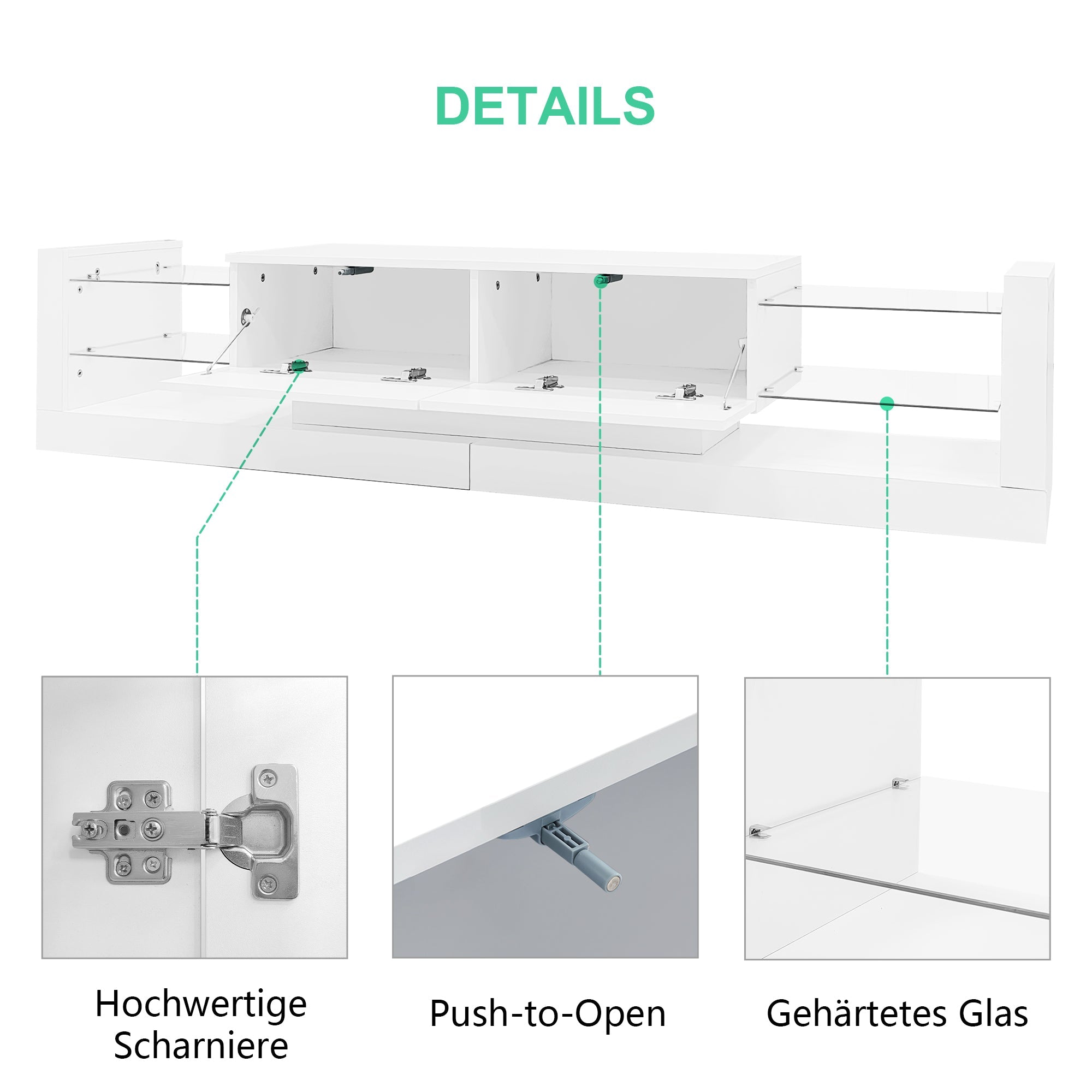 Logidon hoogglans TV-meubel met LED-verlichting 181 cm wit glazen front