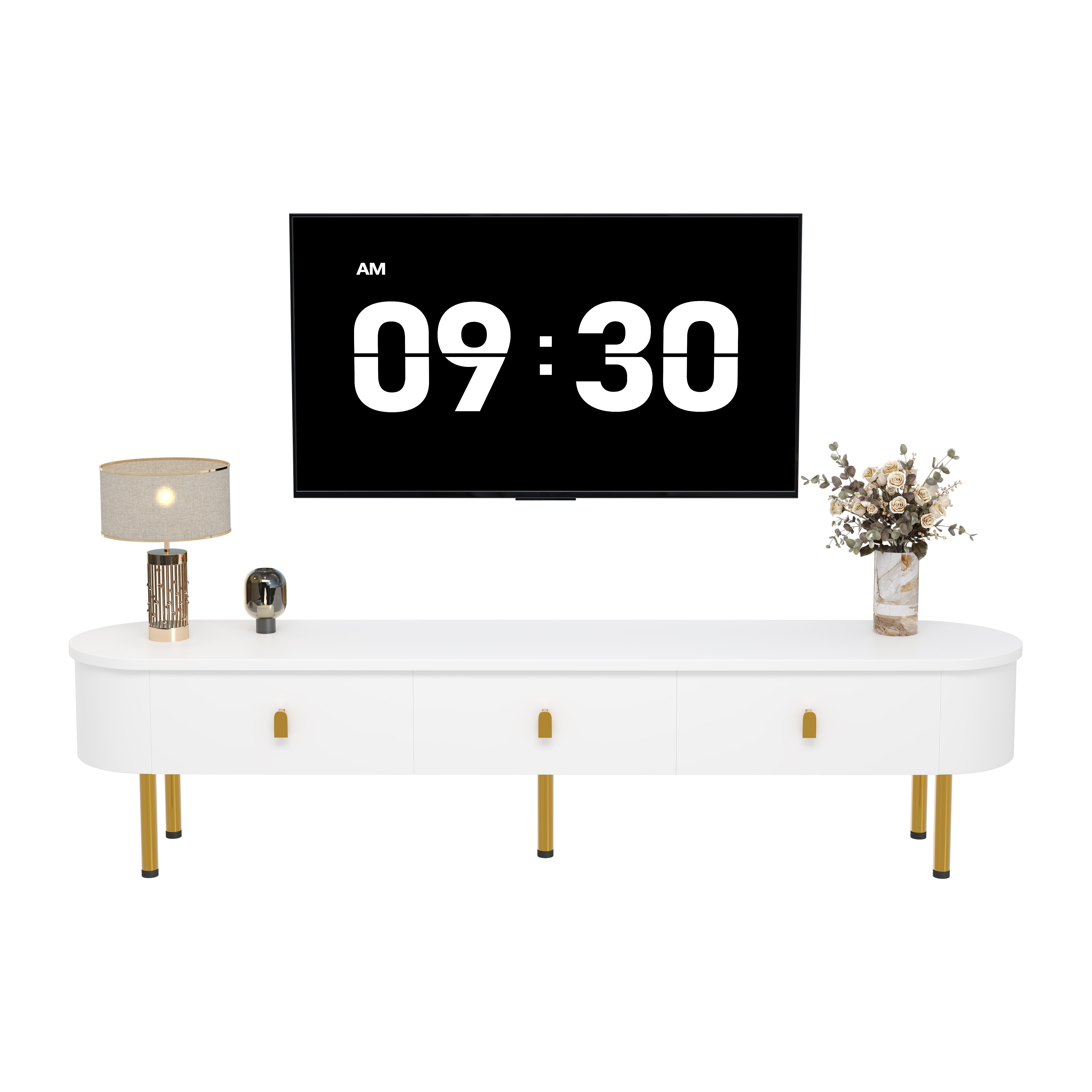 Logidon lowboard TV furniture 174 cm white glossy with golden handles