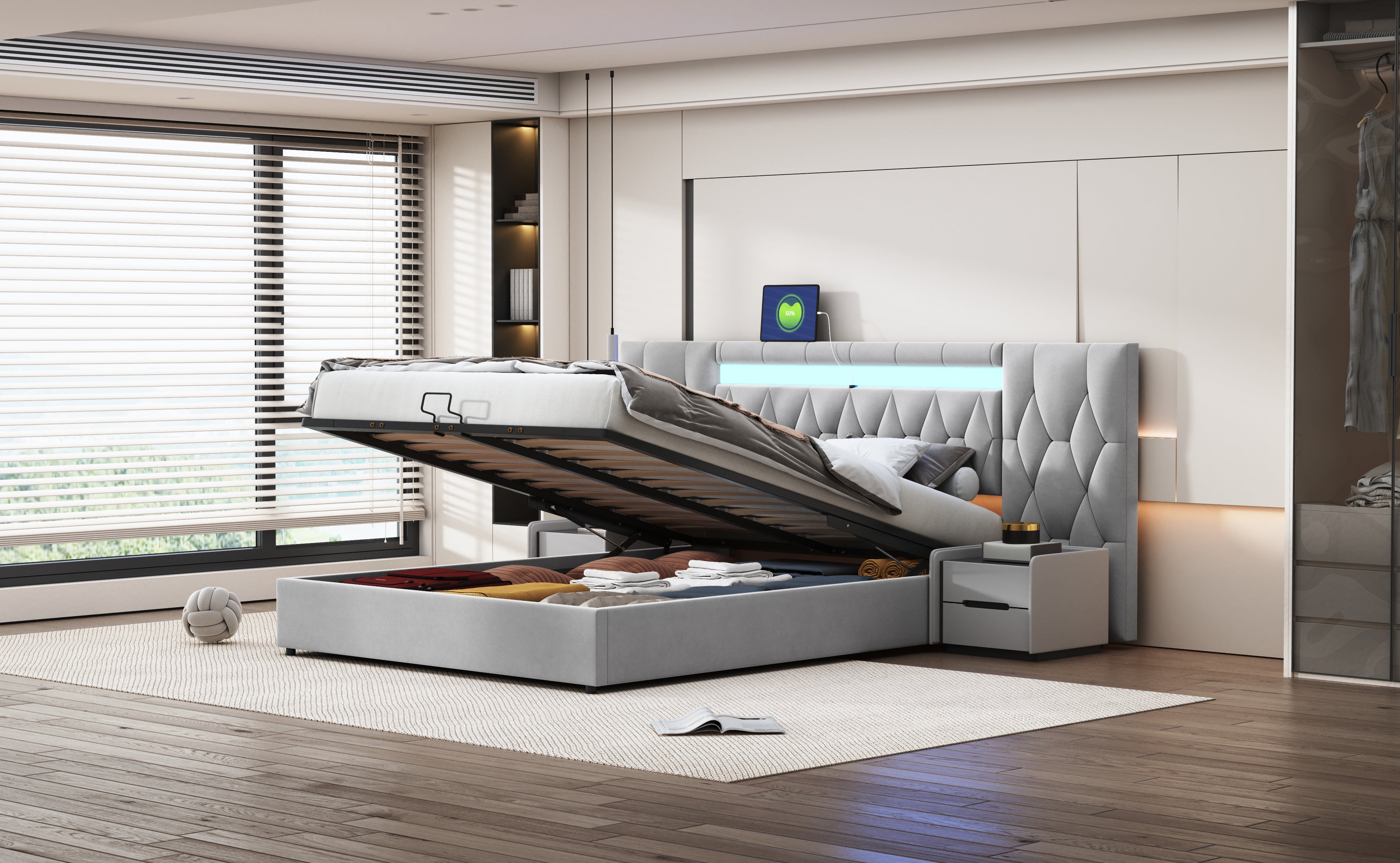 Logidon Elegant gestoffeerd bed 160x200 grijs met LED en USB opbergruimte