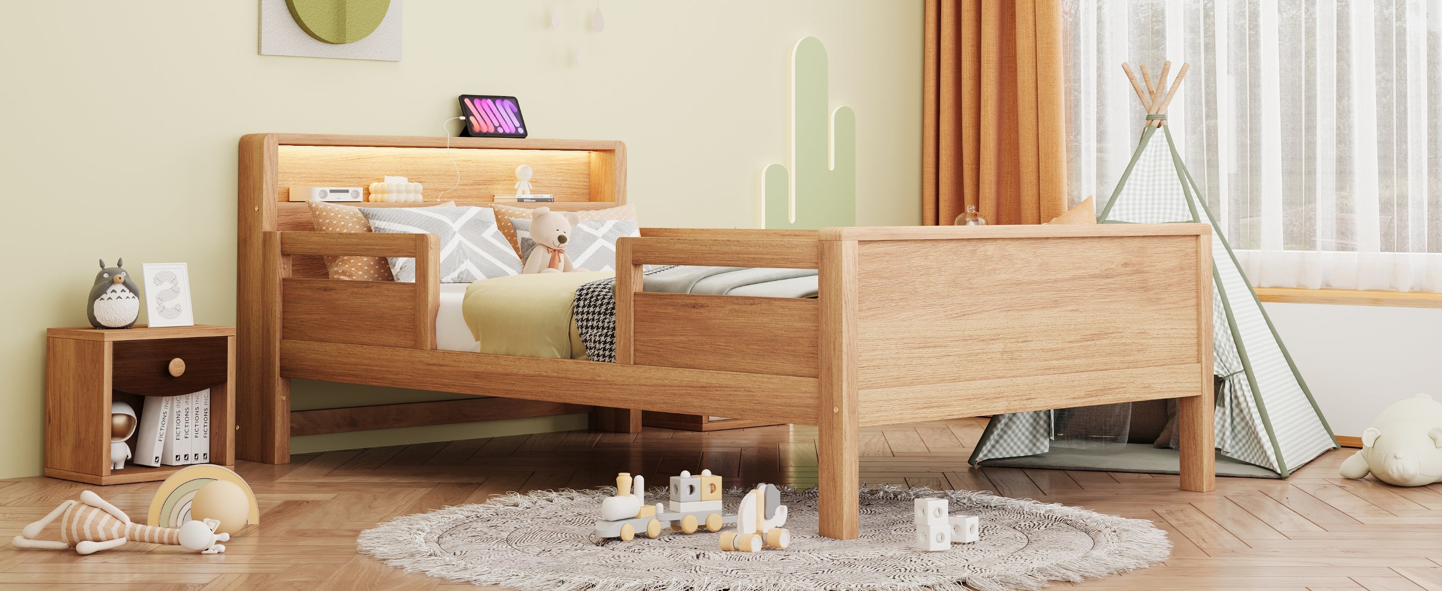Logidon houten bed 90x200 cm naturel met USB-C stopcontact en LED