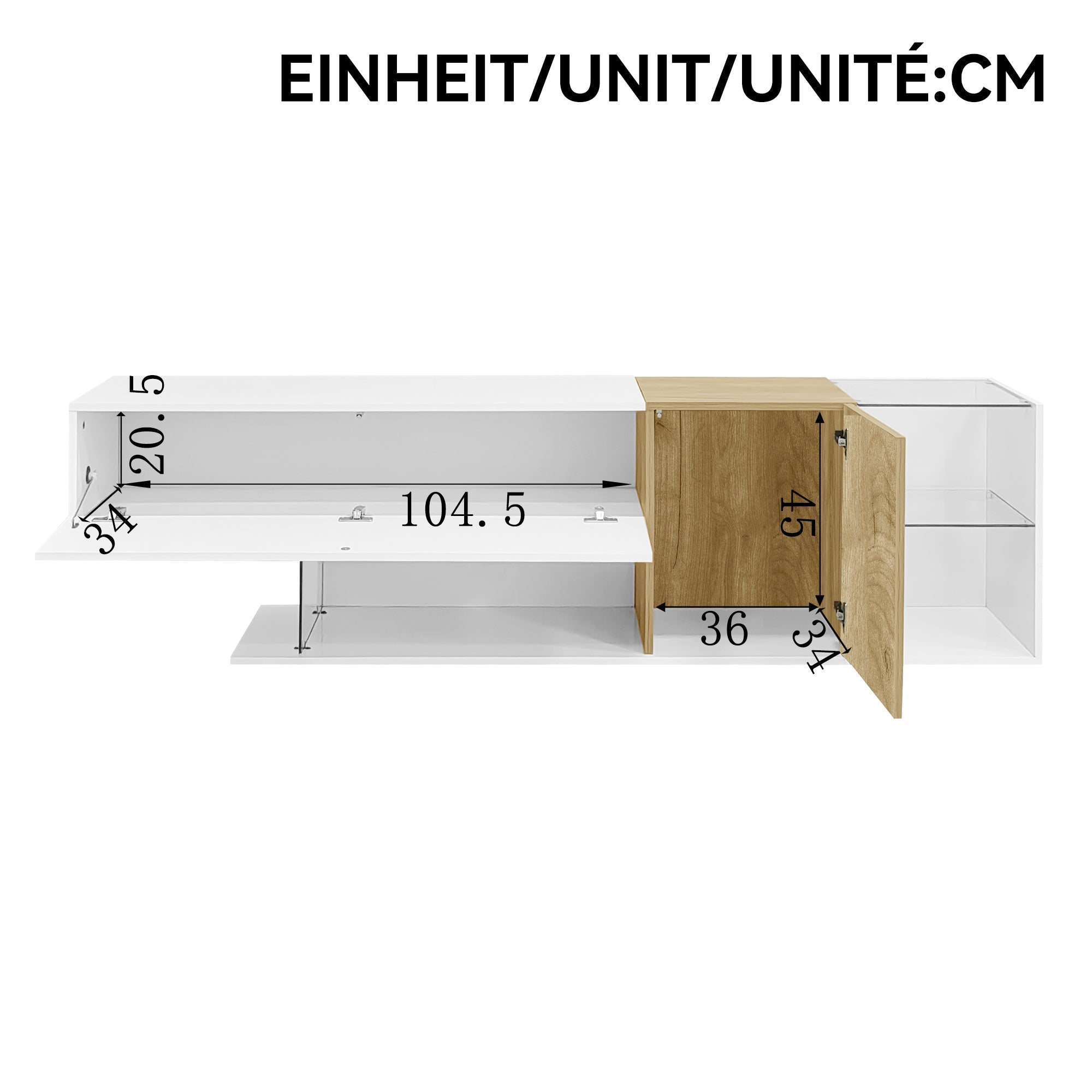Logidon Modern TV-dressoir Wit Hoogglans Houtlook Glazen Planken 180cm