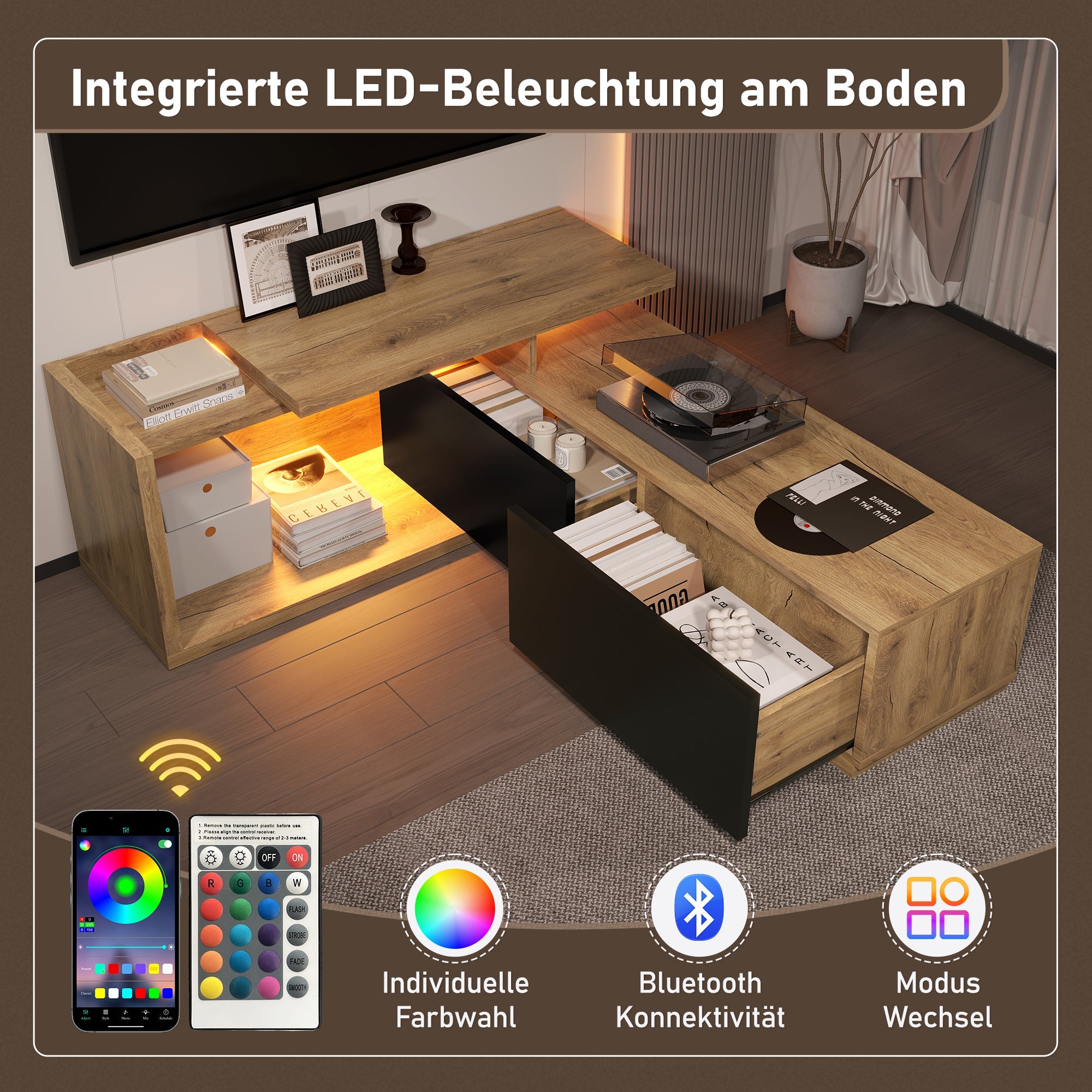 Logidon modulair tv-meubel met LED-verlichting en uittrekmodule