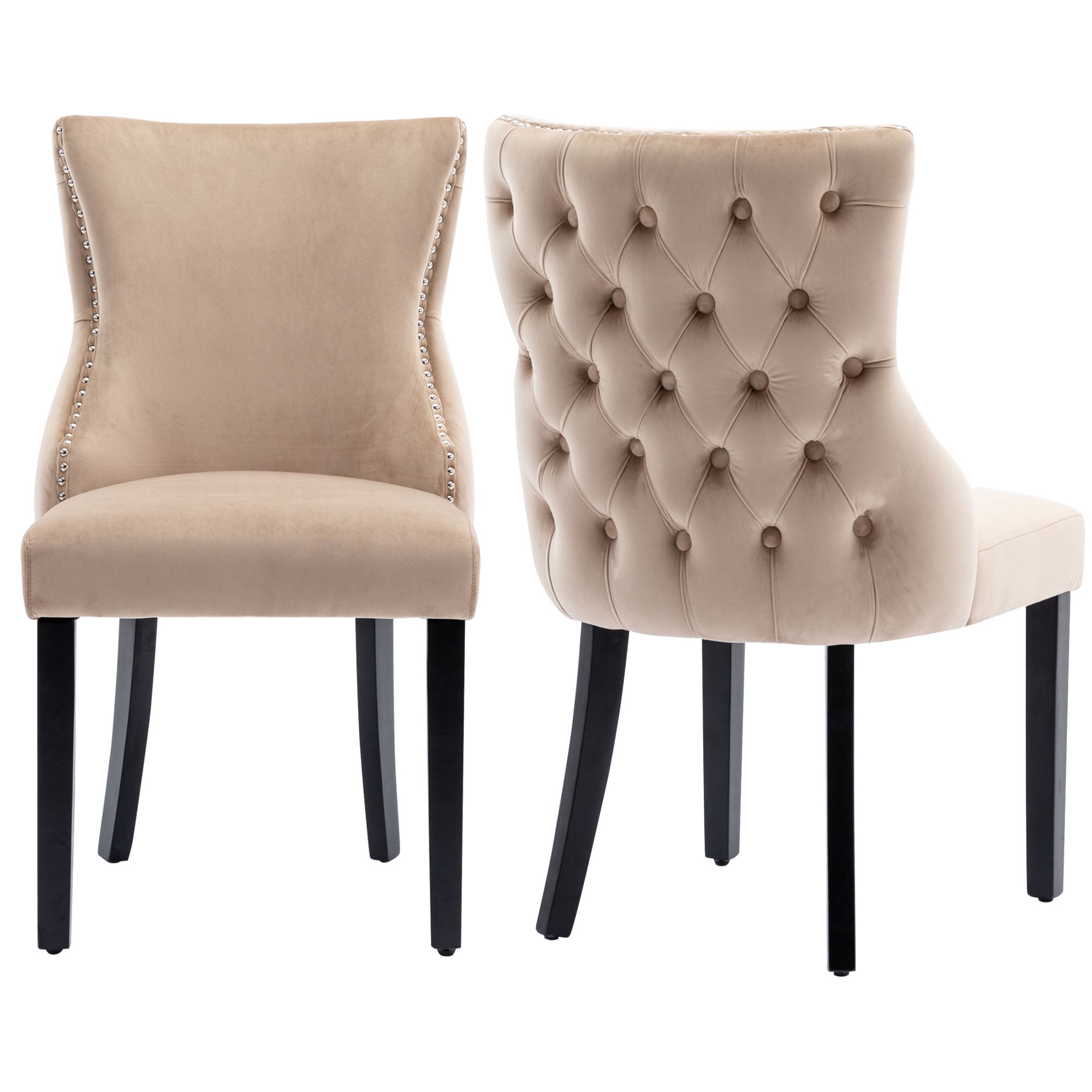 Logidon 4-foot chair beige velvet button quilting solid wood frame set of 2
