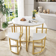 Logidon eetkamerset ronde tafel wit marmerlook goud frame 4 stoelen