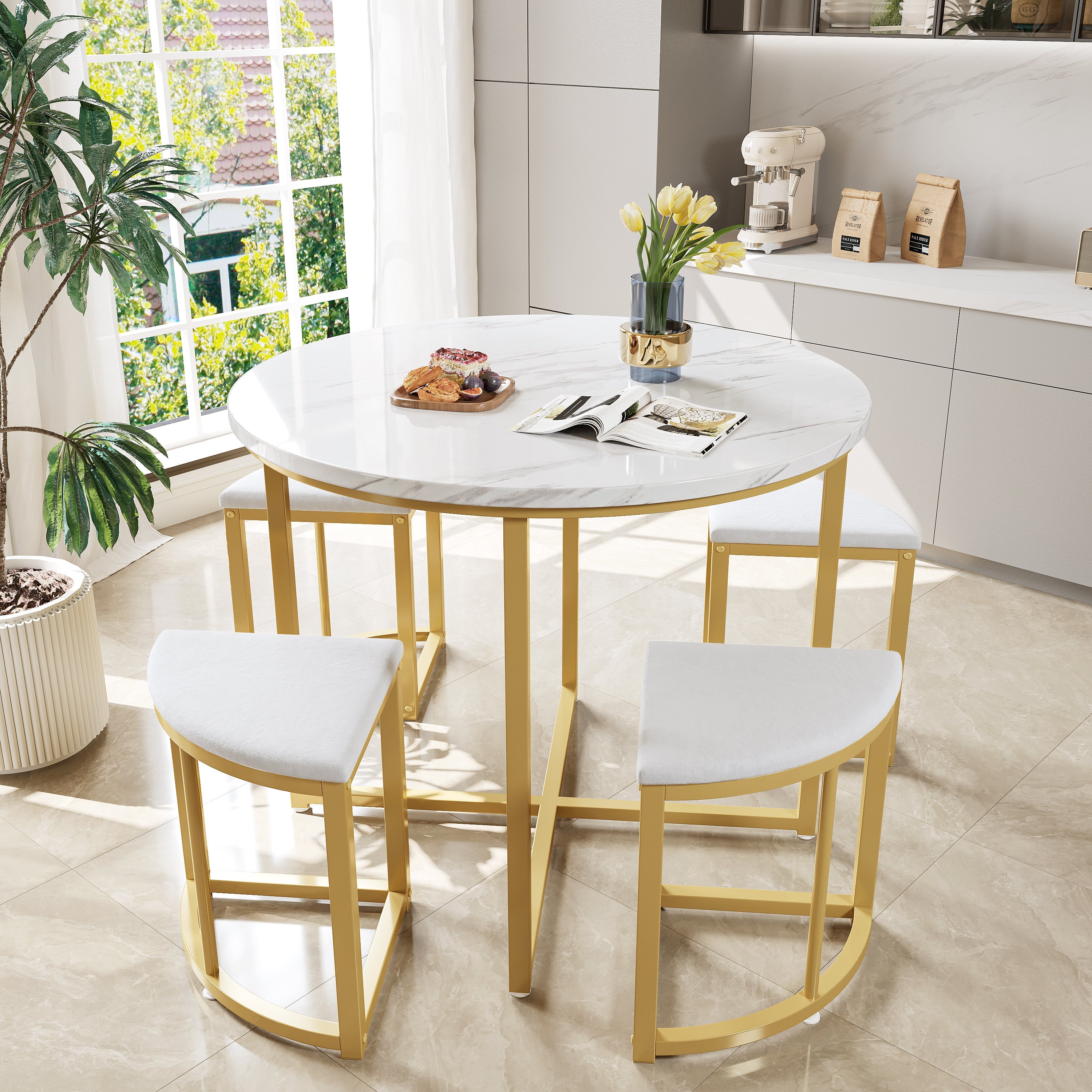 Logidon eetkamerset ronde tafel wit marmerlook goud frame 4 stoelen