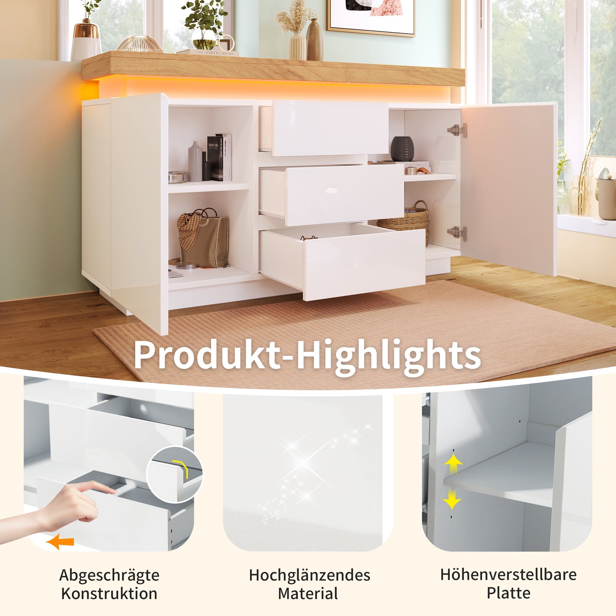 Logidon Wit Dressoir Met LED Verlichting 2 Deurs 3 Lades