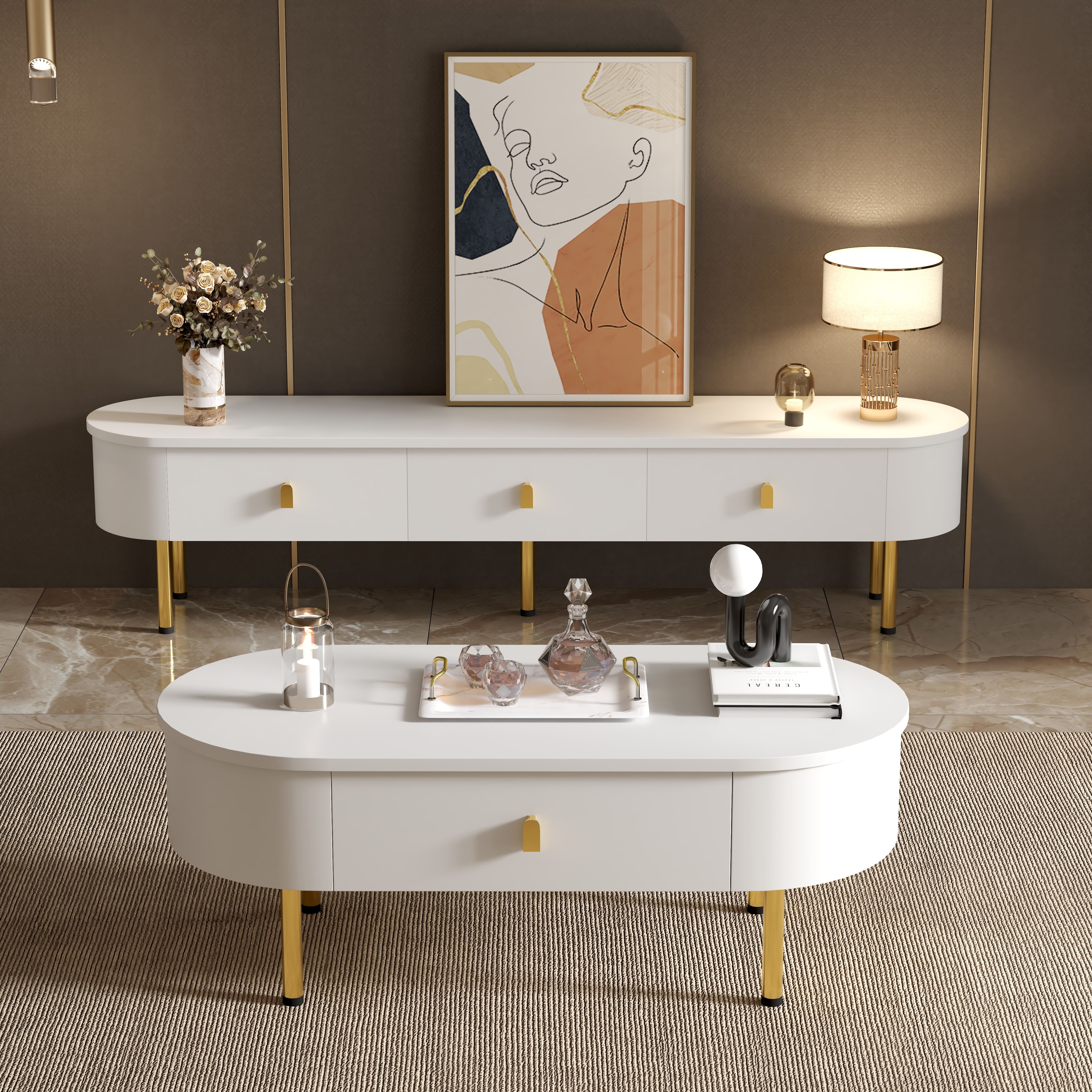 Logidon lowboard TV furniture 174 cm white glossy with golden handles