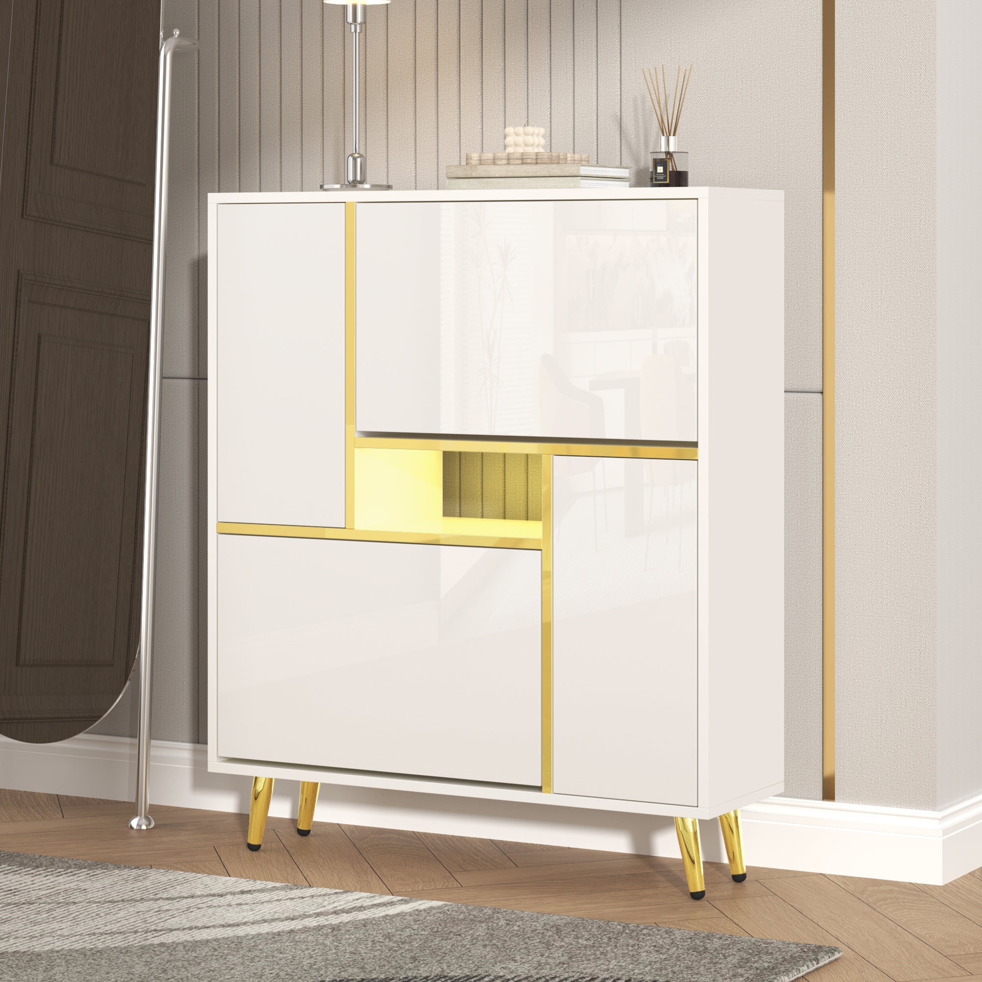 Logidon Moderne Schoenenkast Wit met Hoogglans Front en LED Licht 80x25x96 Cm