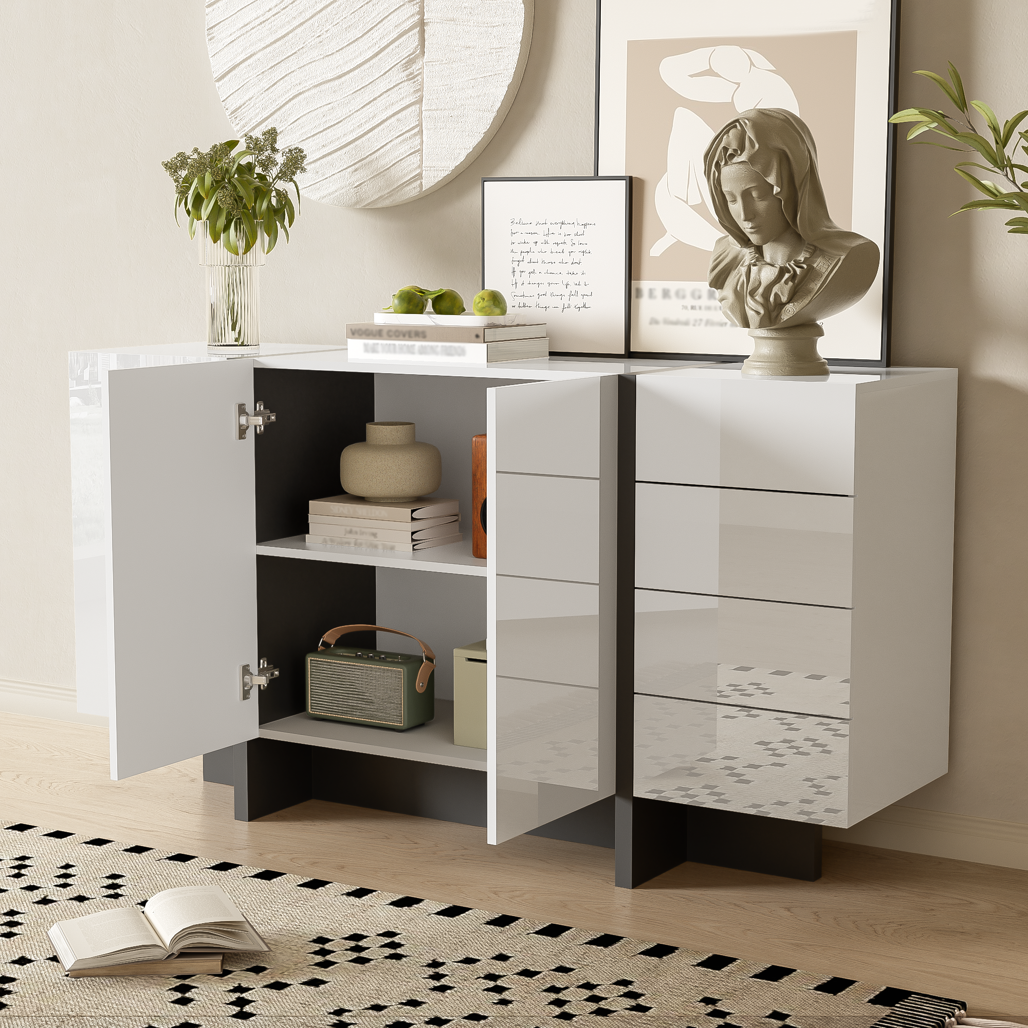 Logidon wit hoogglans dressoir 150x40x80,5 2 deuren 4 lades