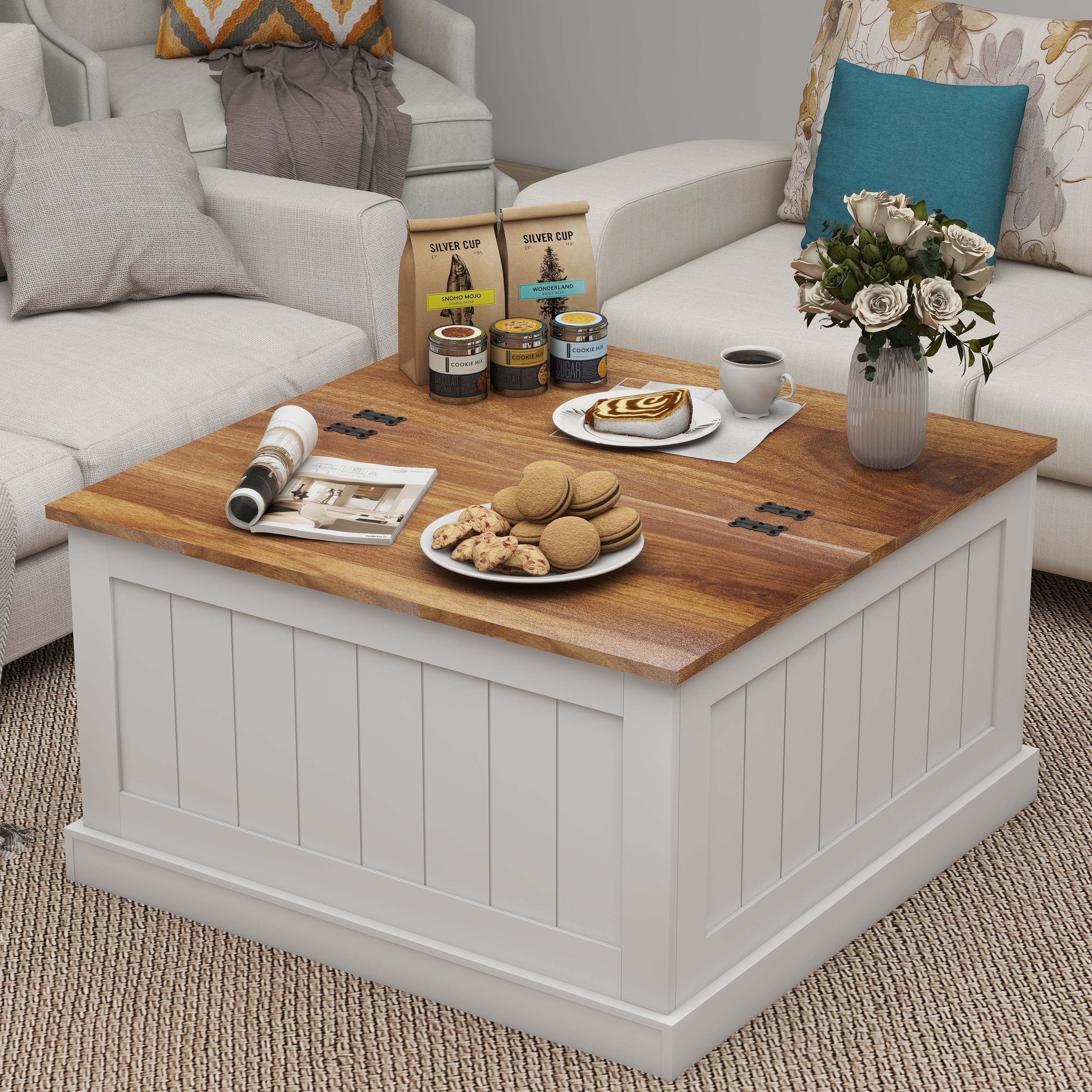 Logidon Boerderij salontafel 80x80 cm met hefblad en opbergruimte wit