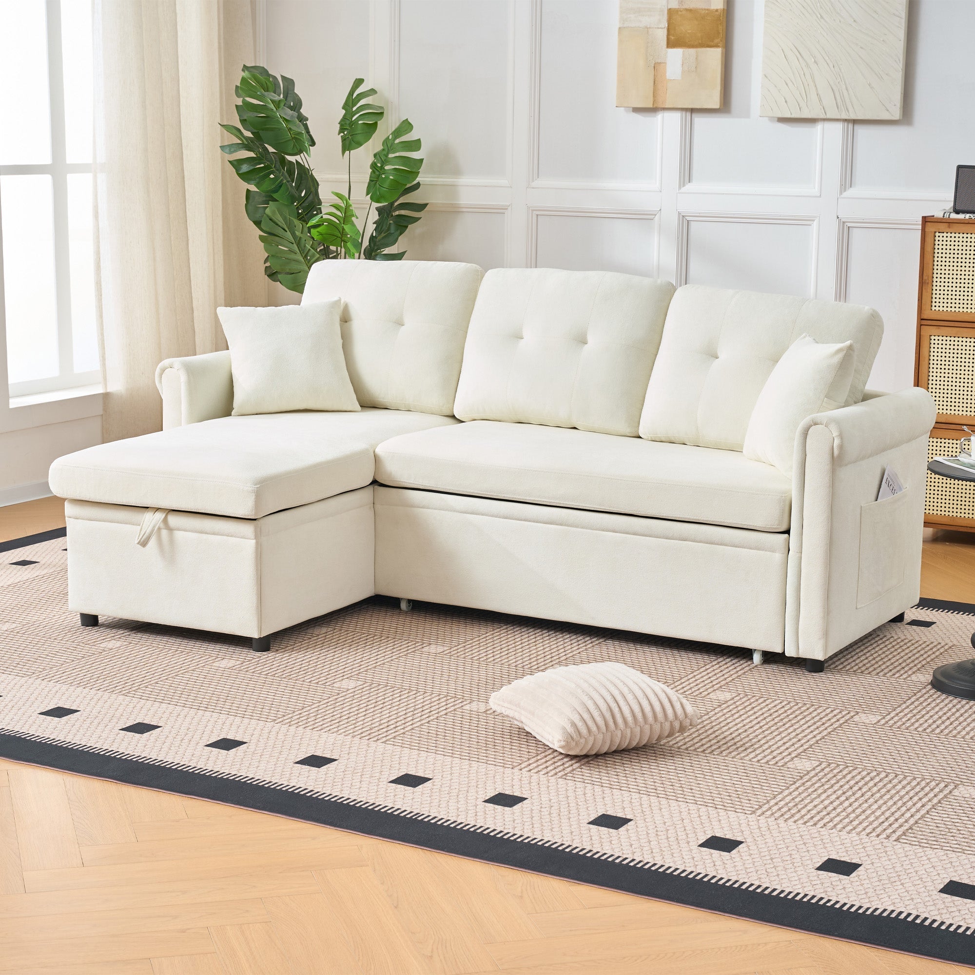 Logidon hoekslaapbank slaapfunctie L-vorm chenille beige