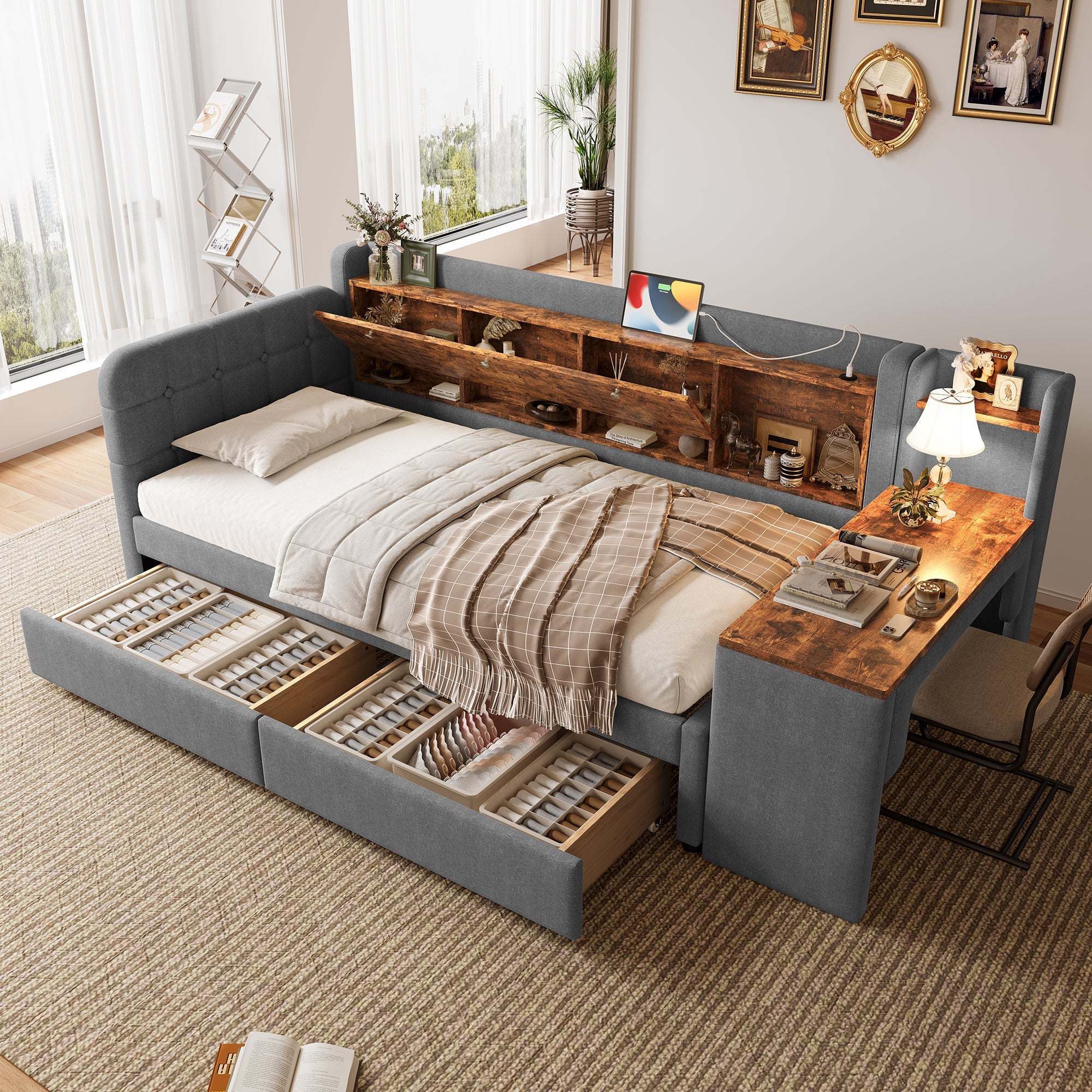 Logidon Daybed 90x200 cm slaapbank met bureau grijs USB Type C