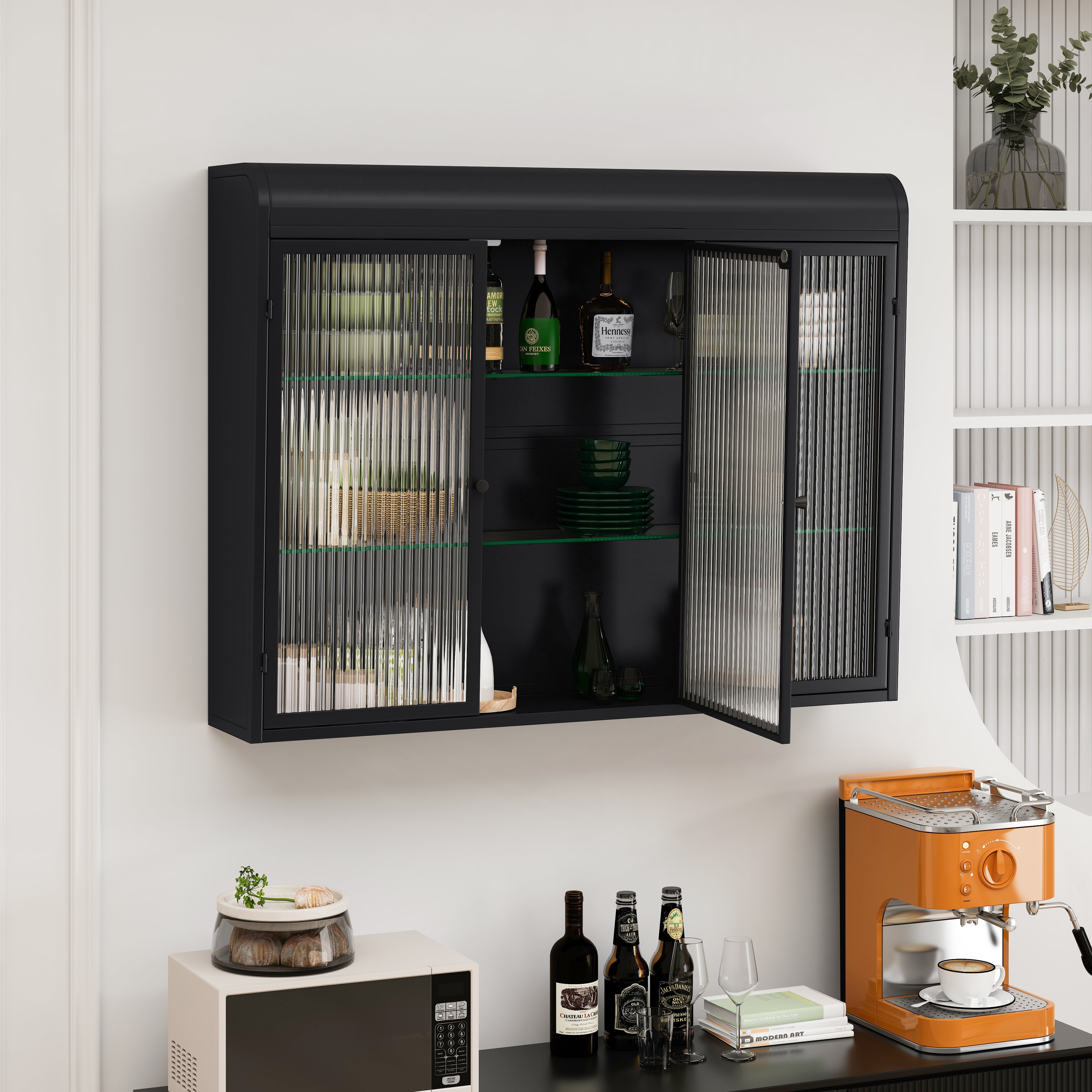 Logidon Driedeurs Glazen Wandvitrinekast Zwart Gebogen Deuren 90 cm