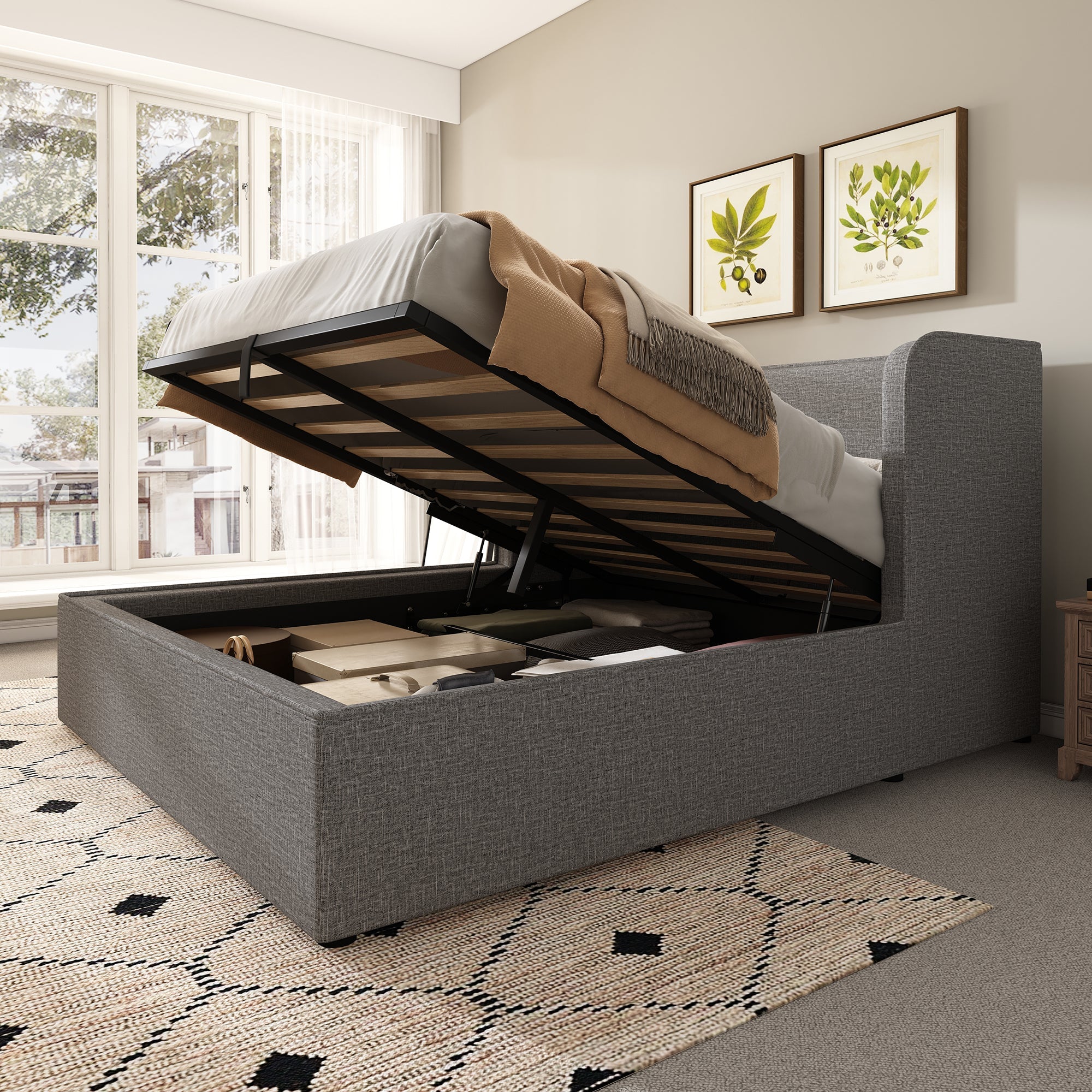 Logidon upholstered bed 160x200 with hydraulic storage space slatted frame gray