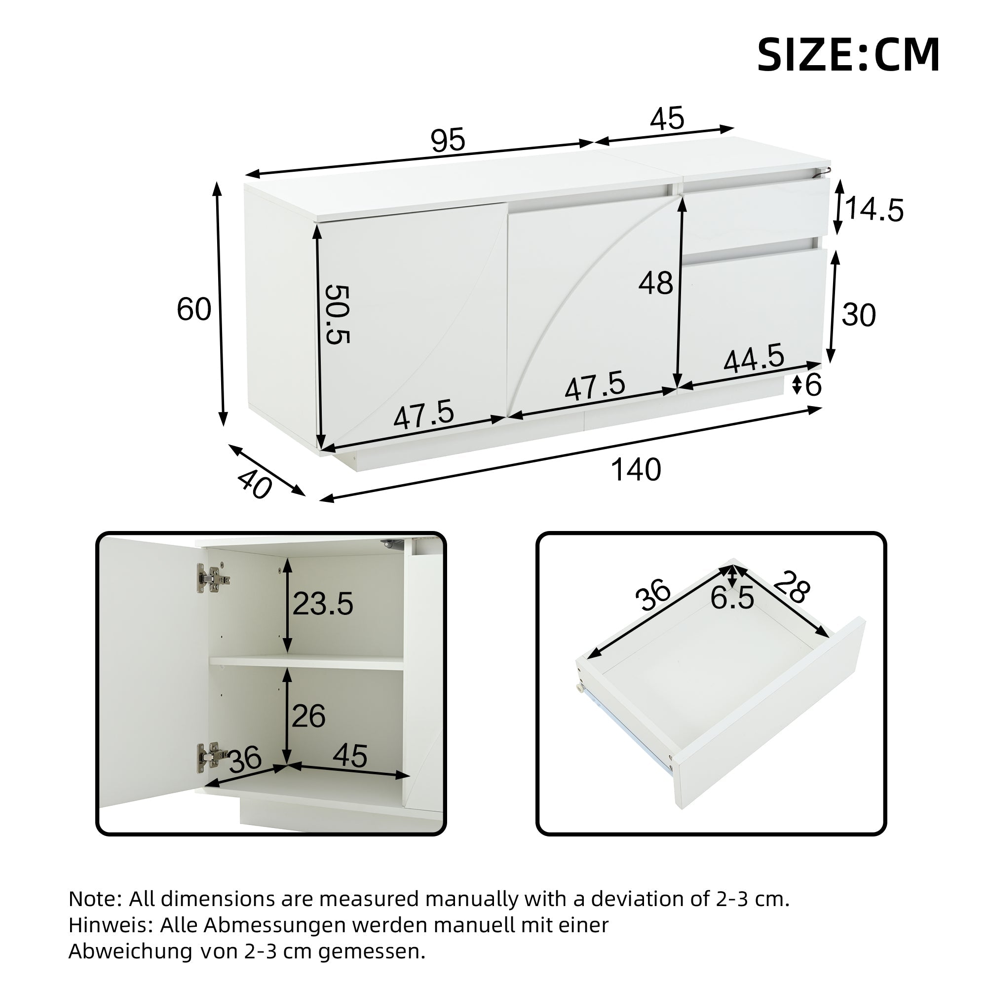 Logidon 140 x 40 x 60 cm hoogglans dressoir wit met LED