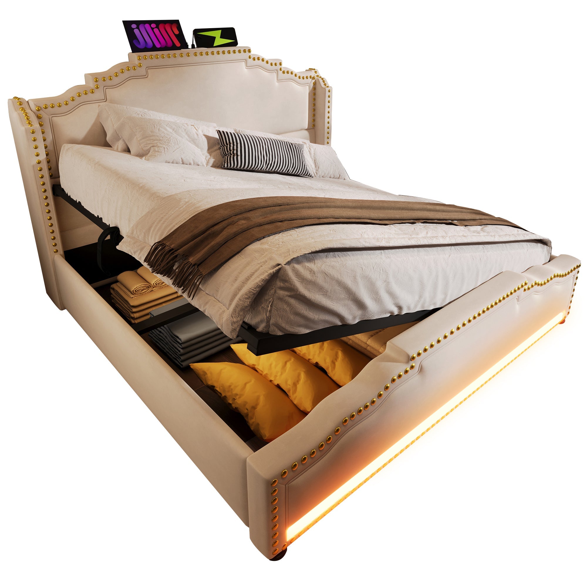 Logidon gestoffeerd bed 160x200 beige fluweel hydraulische opbergruimte LED USB-C