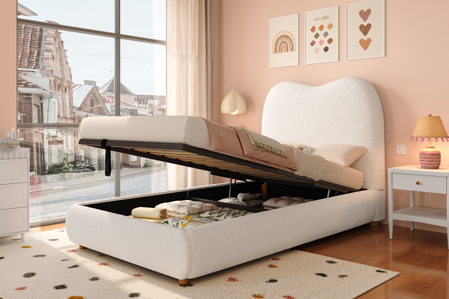 Logidon Hydraulisch Kinderbed 90 x 200 cm met Opbergruimte Beige Bouclé