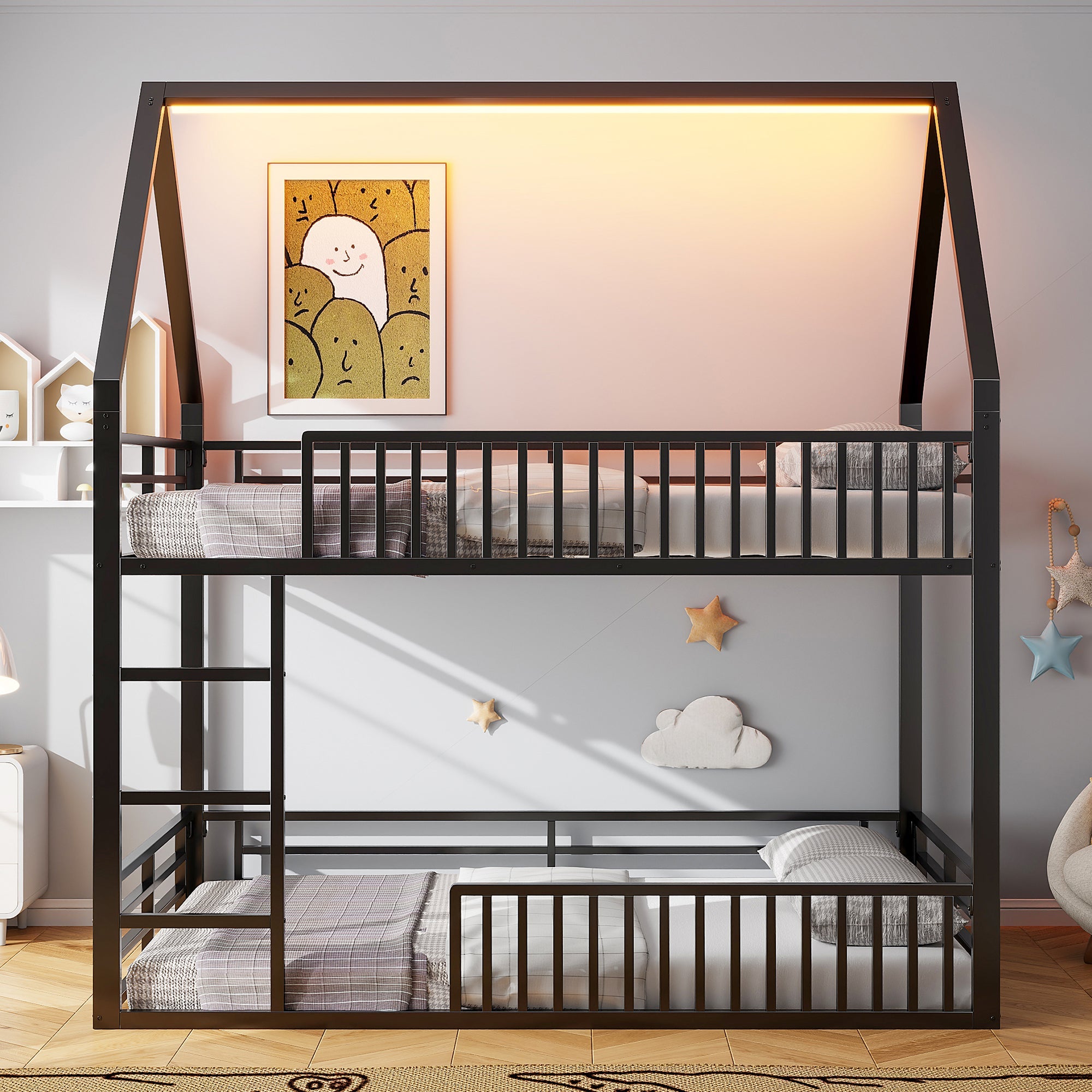 Logidon House stapelbed 140x200 met hekwerk en LED-licht zwart
