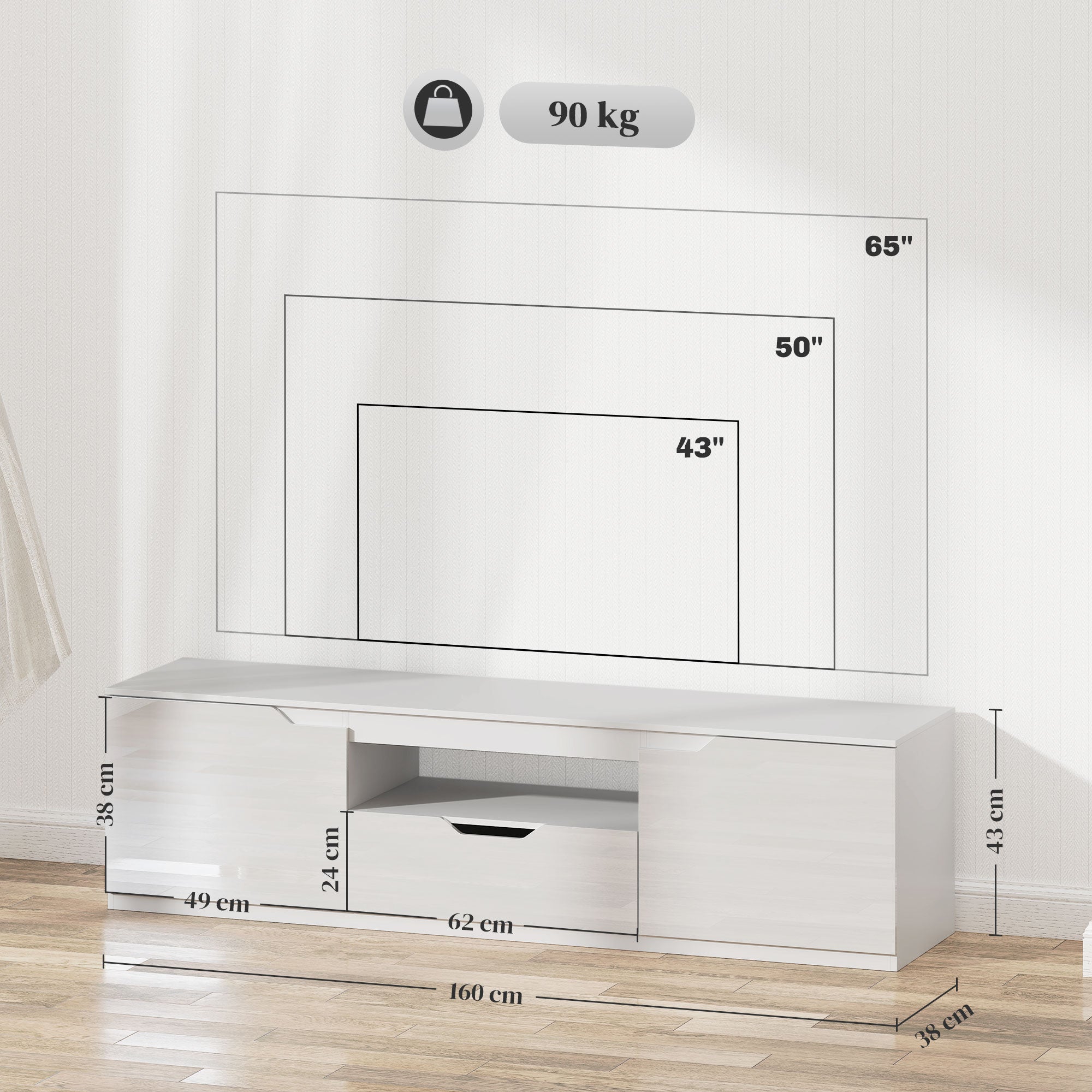 Logidon TV-meubel wit 160 cm lowboard met 2 deuren kabeldoorvoer