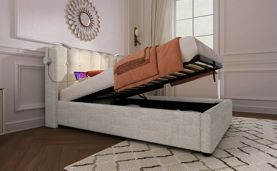 Logidon upholstered bed 140x200 with reading light and USB charging function natural