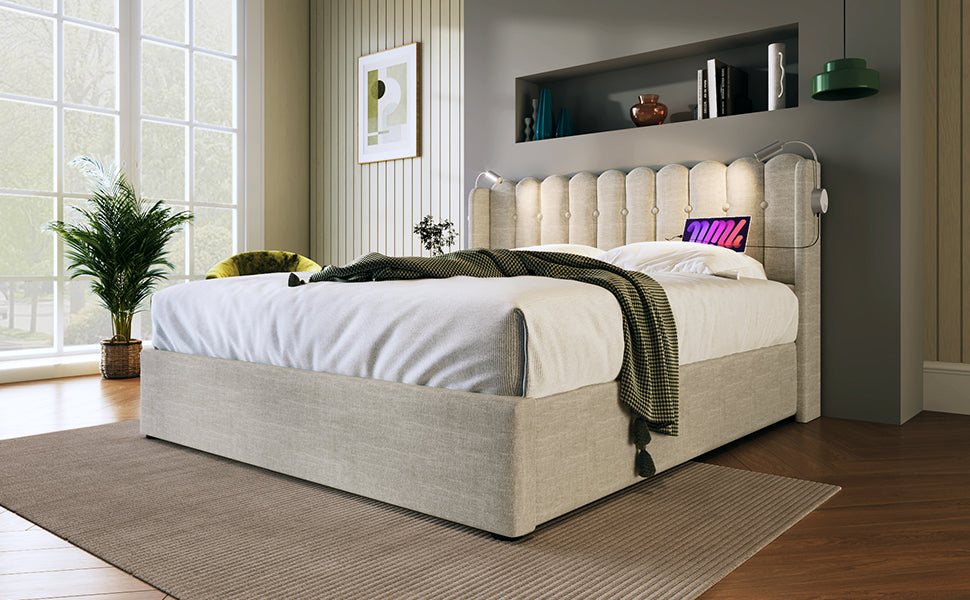 Logidon upholstered bed 140x200 with reading light and USB charging function natural
