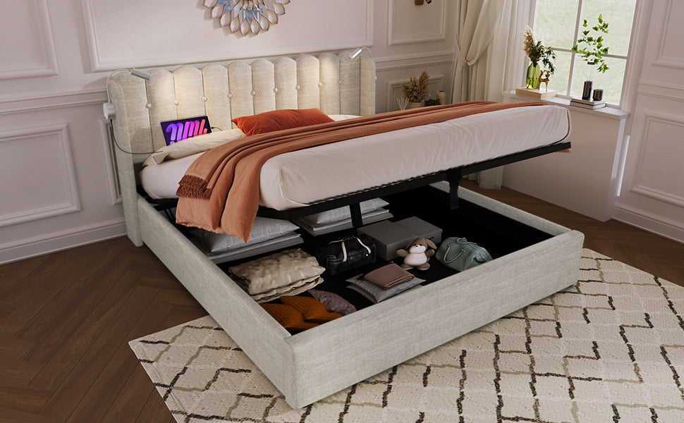 Logidon upholstered bed 140x200 with reading light and USB charging function natural