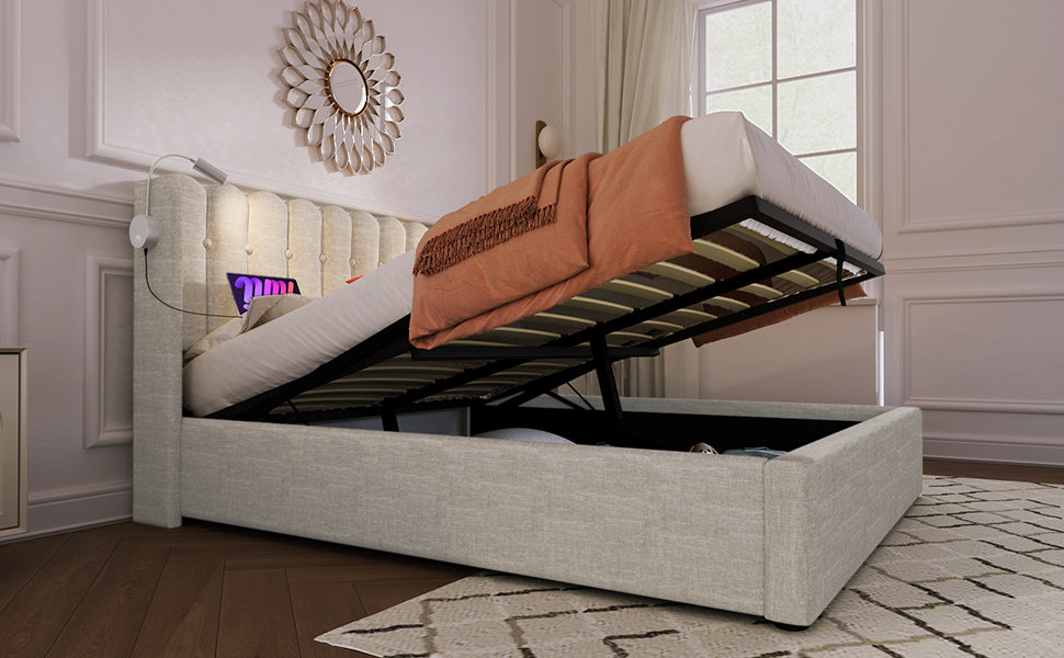 Logidon upholstered bed 140x200 with reading light and USB charging function natural