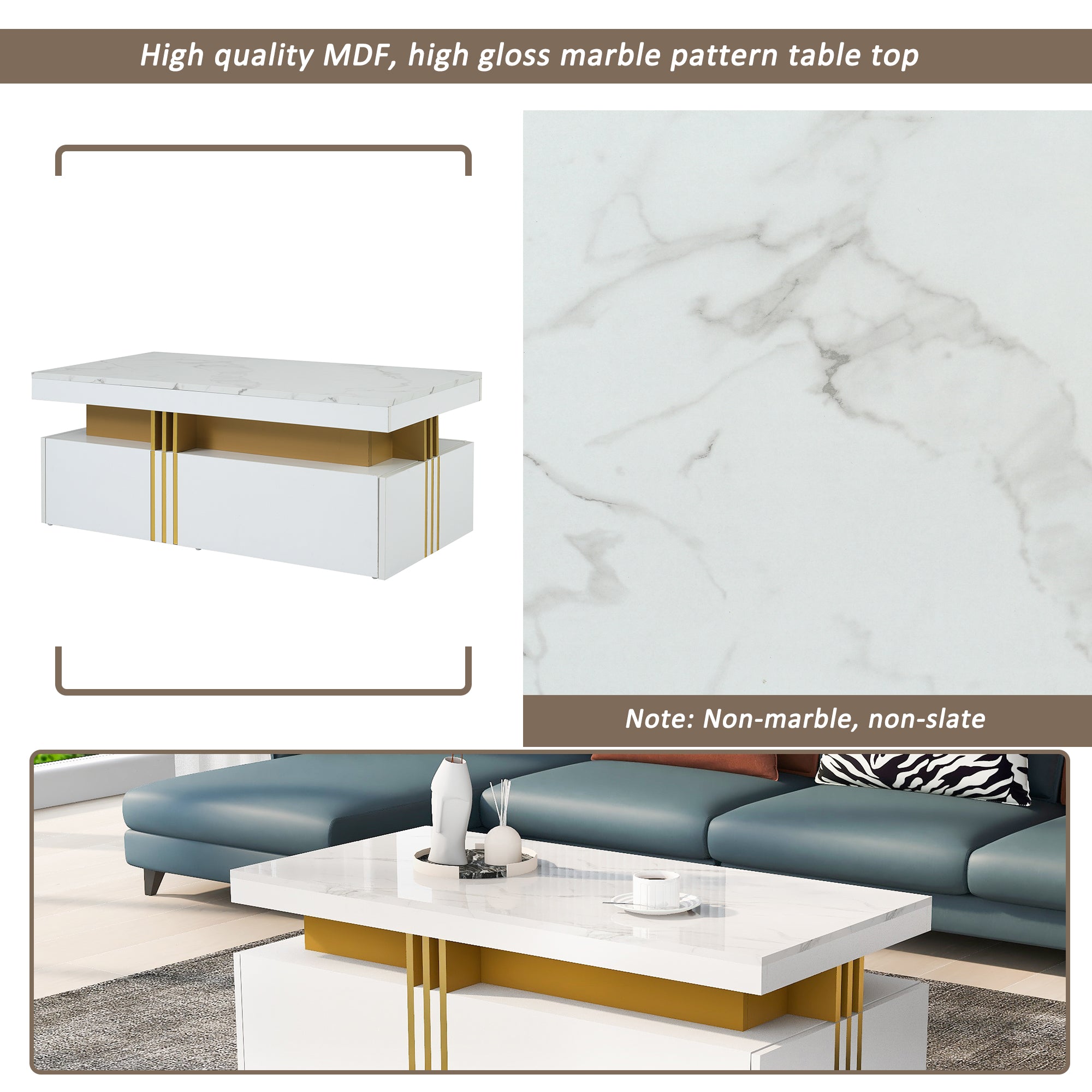 Logidon Modern coffee table high gloss top, 2 drawers, 100x50 cm