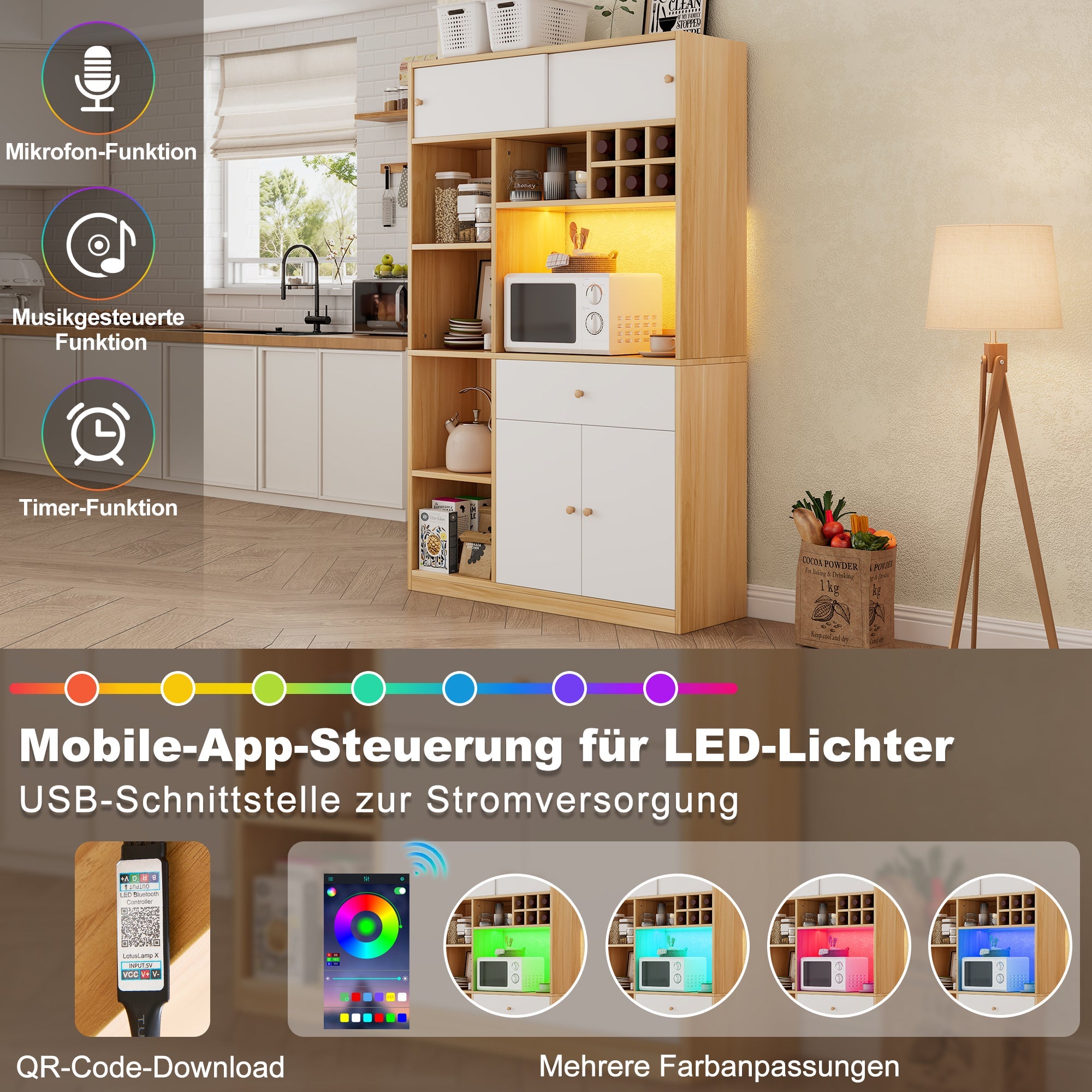 Logidon keukenkast buffet met LED-verlichting, 115x35x180 cm, naturel