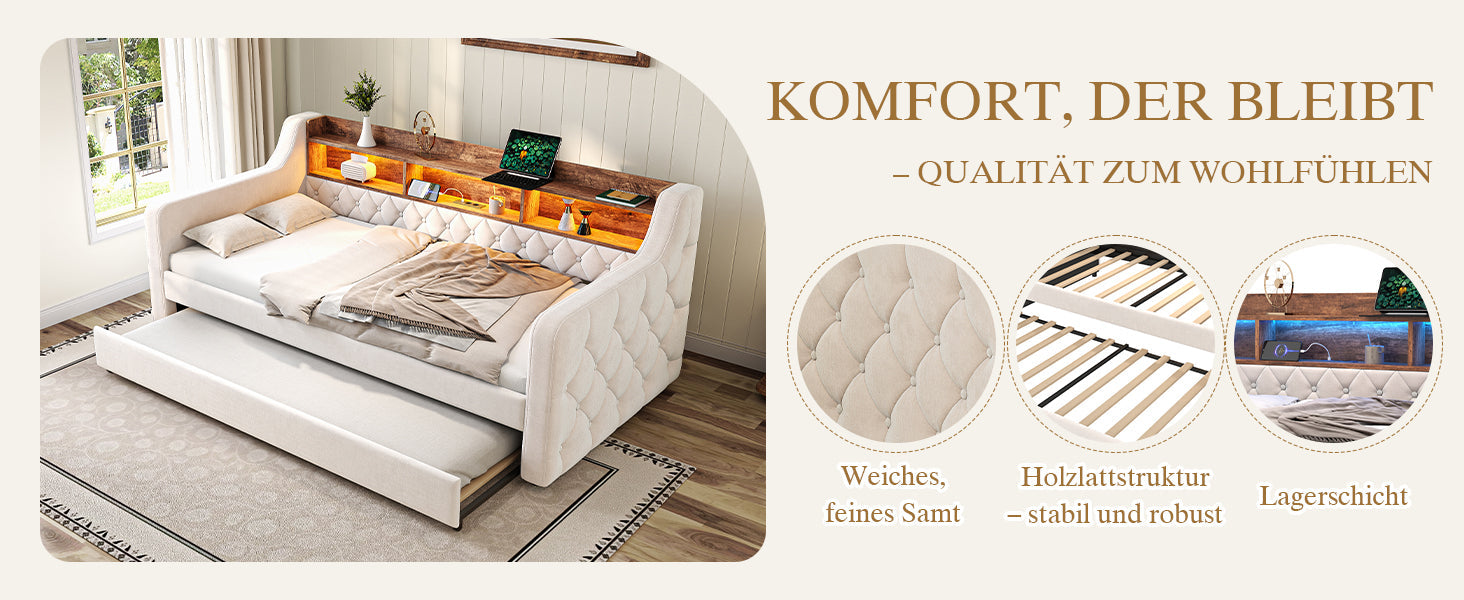 Logidon slaapbank 90x190 cm beige fluweel met opbergruimte LED USB-C