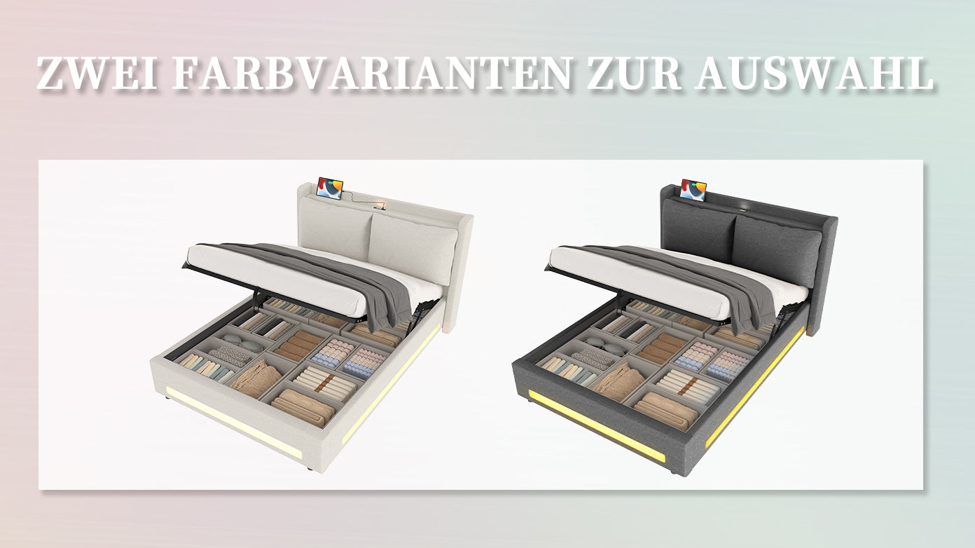 Logidon Modern gestoffeerd bed grijs 140x200 cm met opbergruimte en LED