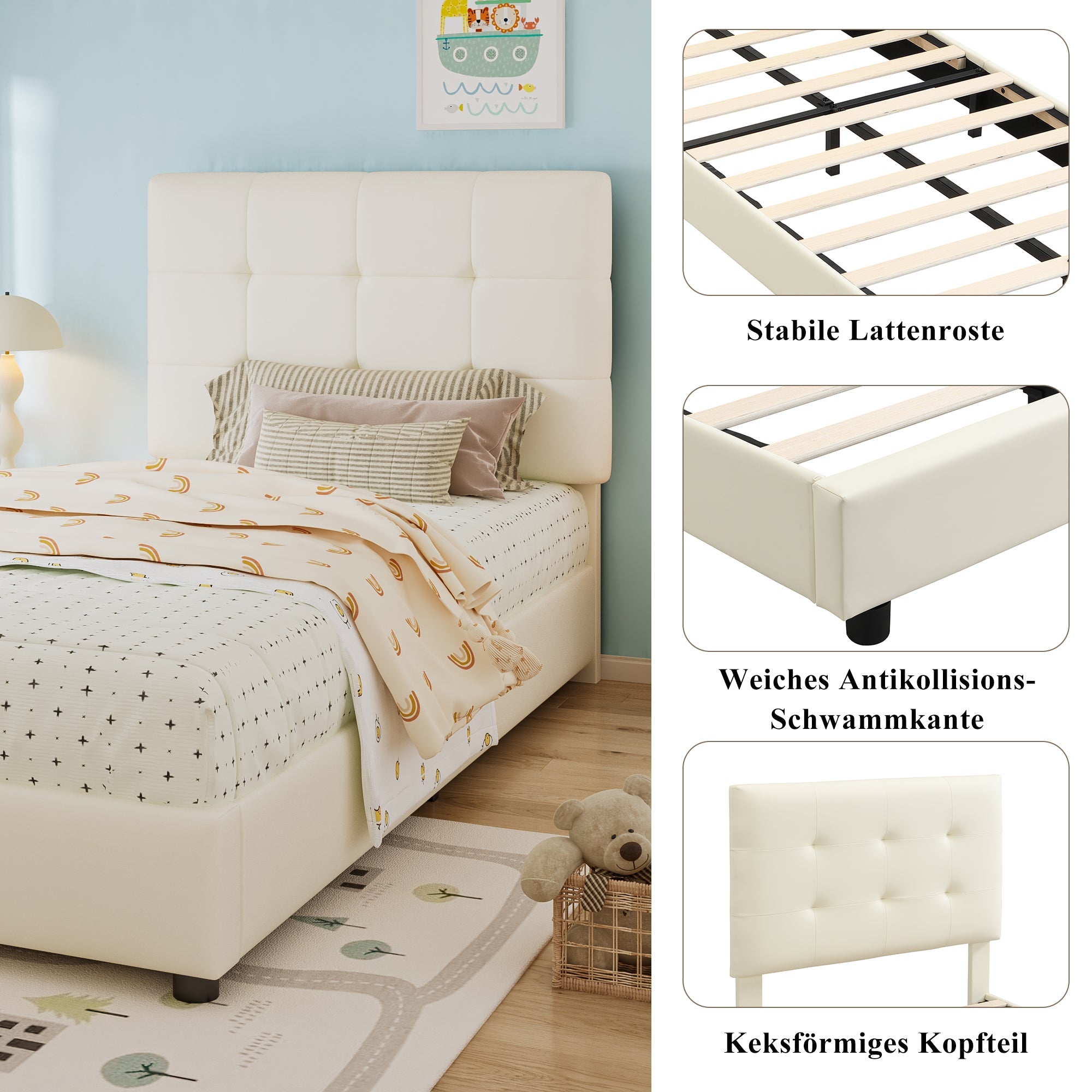Logidon gestoffeerd bed 90x200 beige biscuit hoofdeinde zachte rugleuning