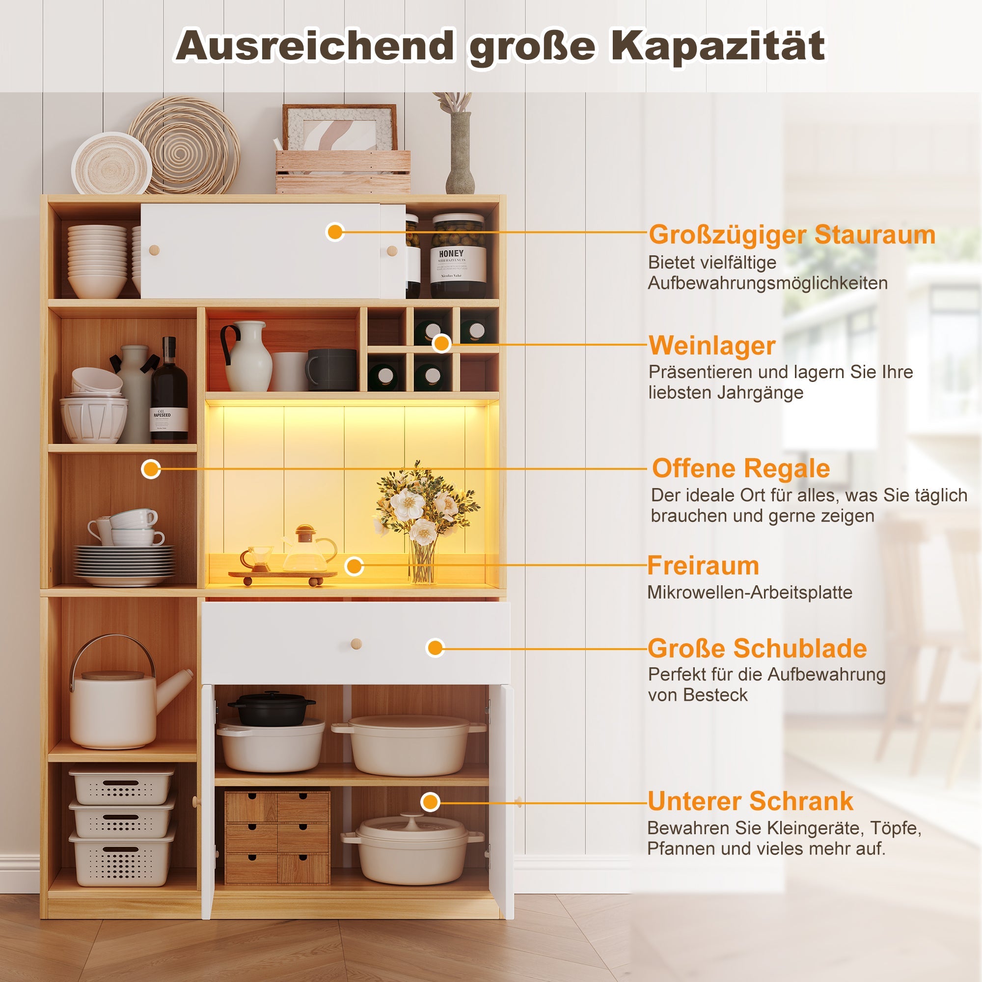 Logidon keukenkast buffet met LED-verlichting, 115x35x180 cm, naturel