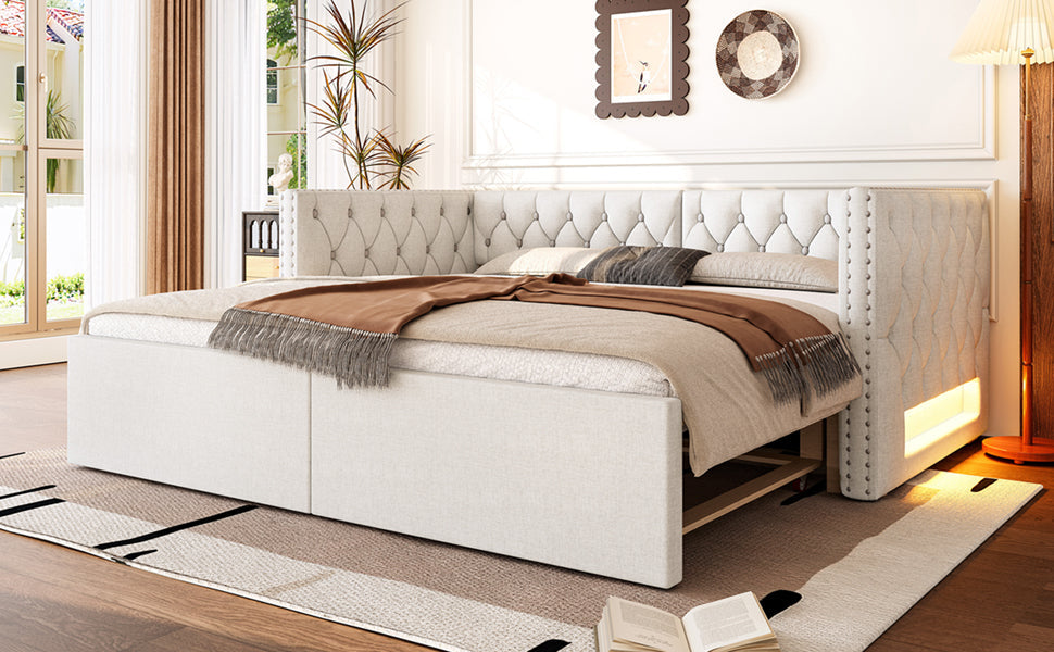 Logidon uitschuifbaar dagbed 90x200 tot 180x200 beige met LED