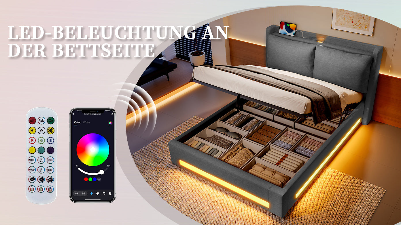 Logidon Modern gestoffeerd bed grijs 140x200 cm met opbergruimte en LED