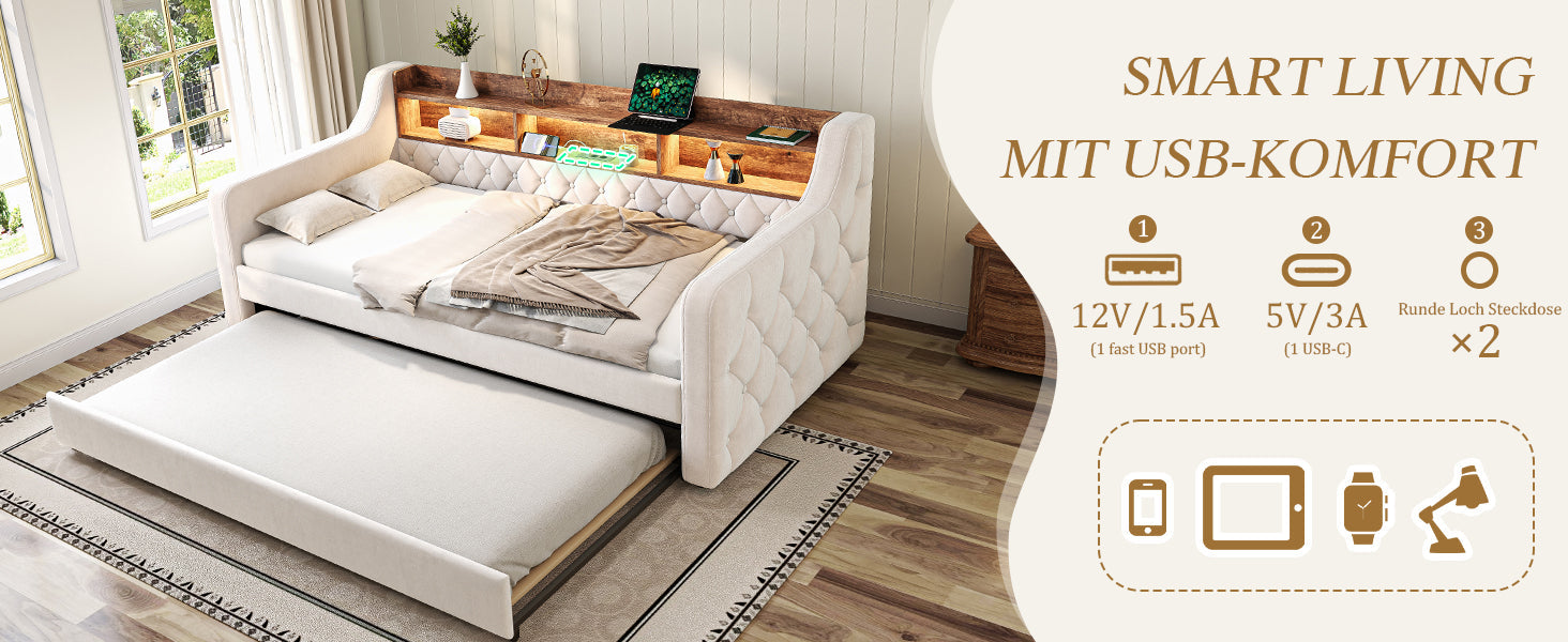 Logidon slaapbank 90x190 cm beige fluweel met opbergruimte LED USB-C