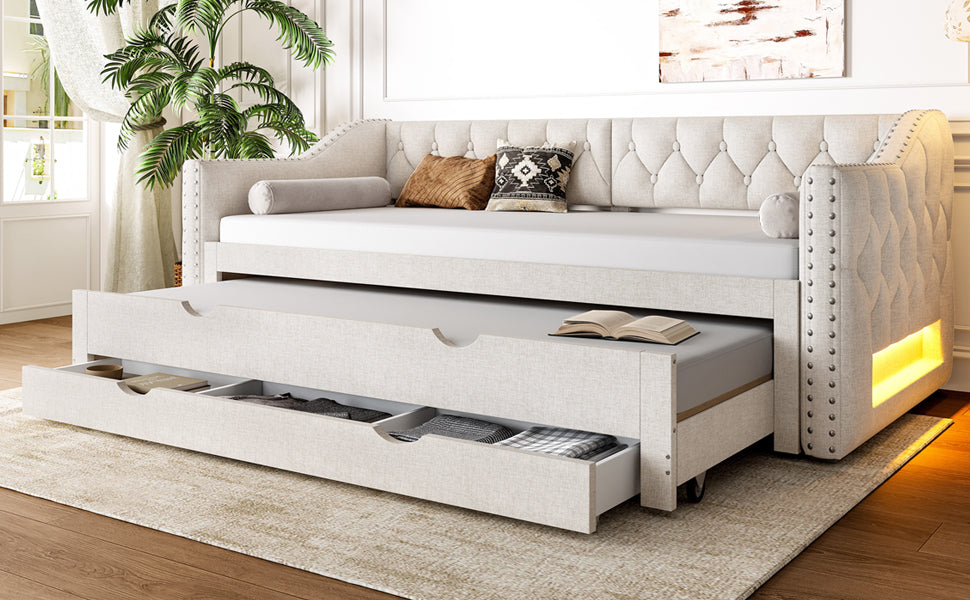 Logidon 90x200 gestoffeerd dagbed met LED-licht uitschuifbaar bed beige