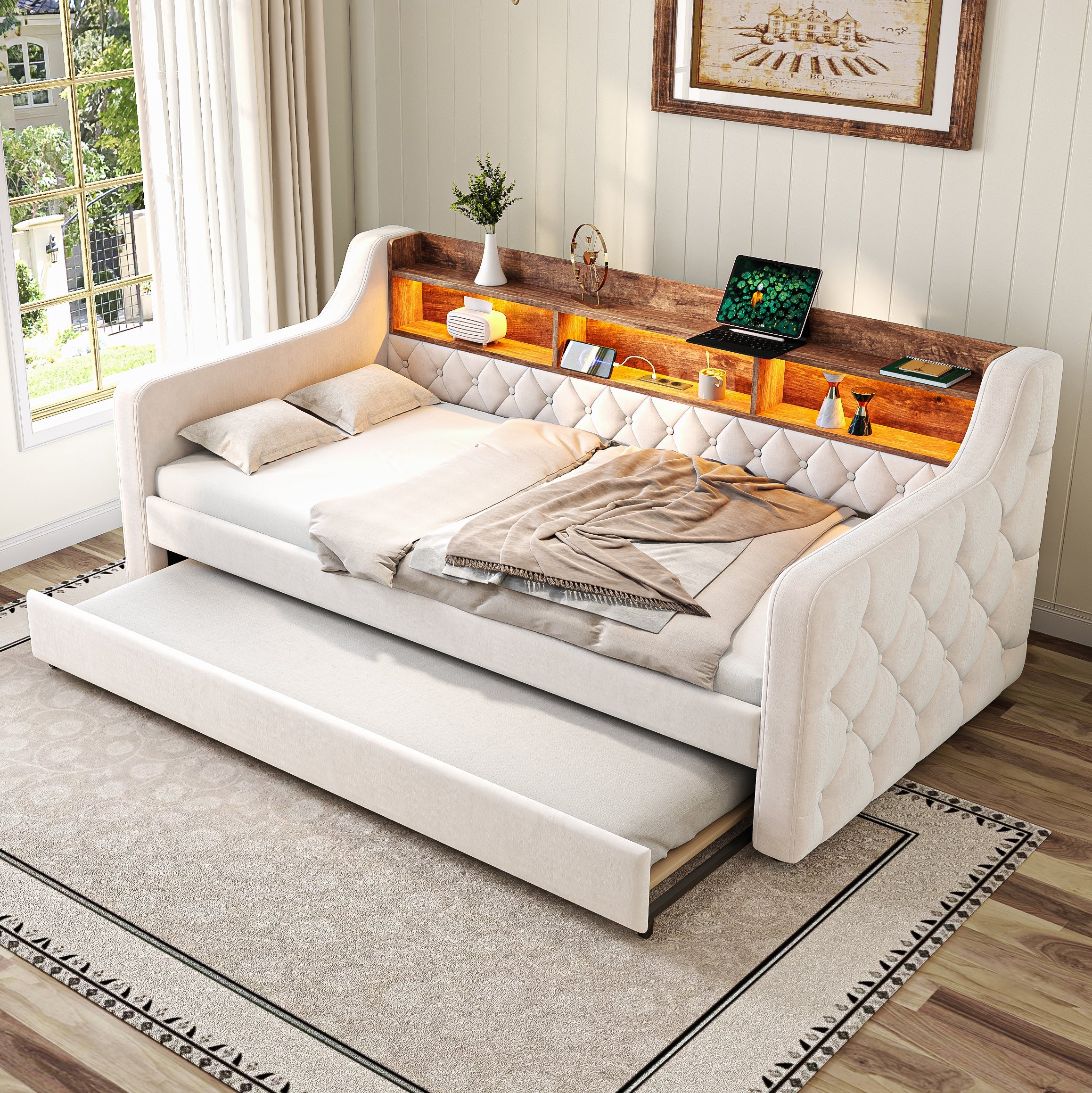 Logidon slaapbank 90x190 cm beige fluweel met opbergruimte LED USB-C