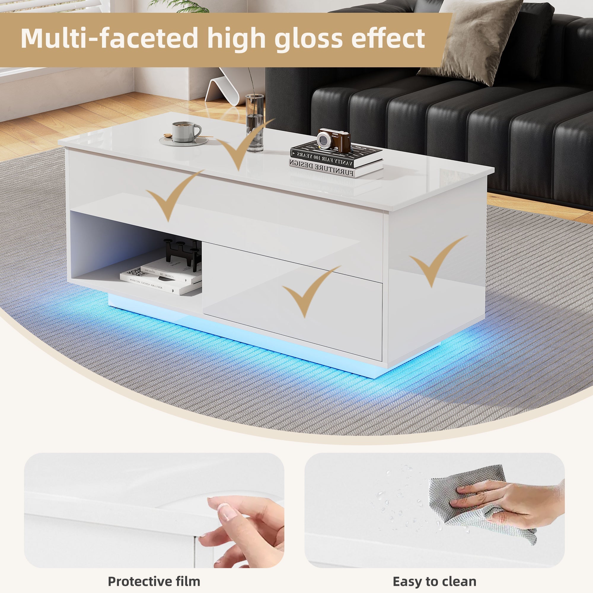 Logidon hoogglans hefsalontafel 100 x 50 cm witte LED-verlichting