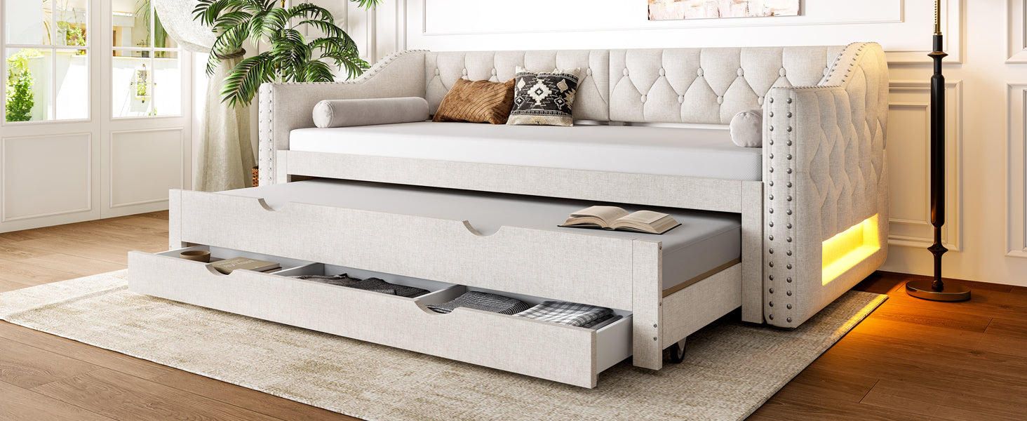 Logidon 90x200 gestoffeerd dagbed met LED-licht uitschuifbaar bed beige