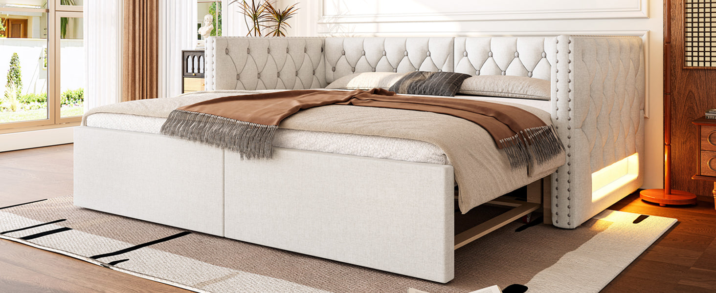 Logidon uitschuifbaar dagbed 90x200 tot 180x200 beige met LED