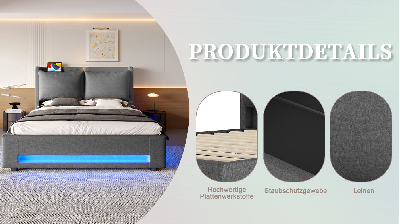 Logidon Modern gestoffeerd bed grijs 140x200 cm met opbergruimte en LED