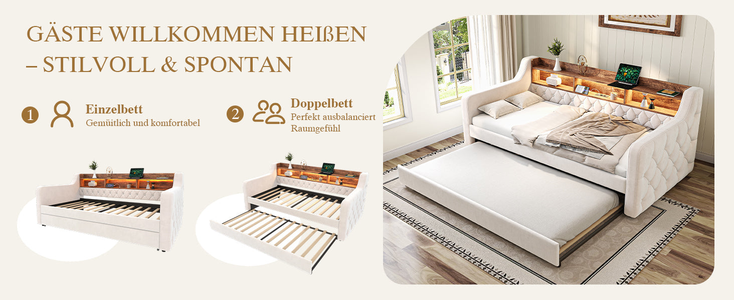 Logidon slaapbank 90x190 cm beige fluweel met opbergruimte LED USB-C