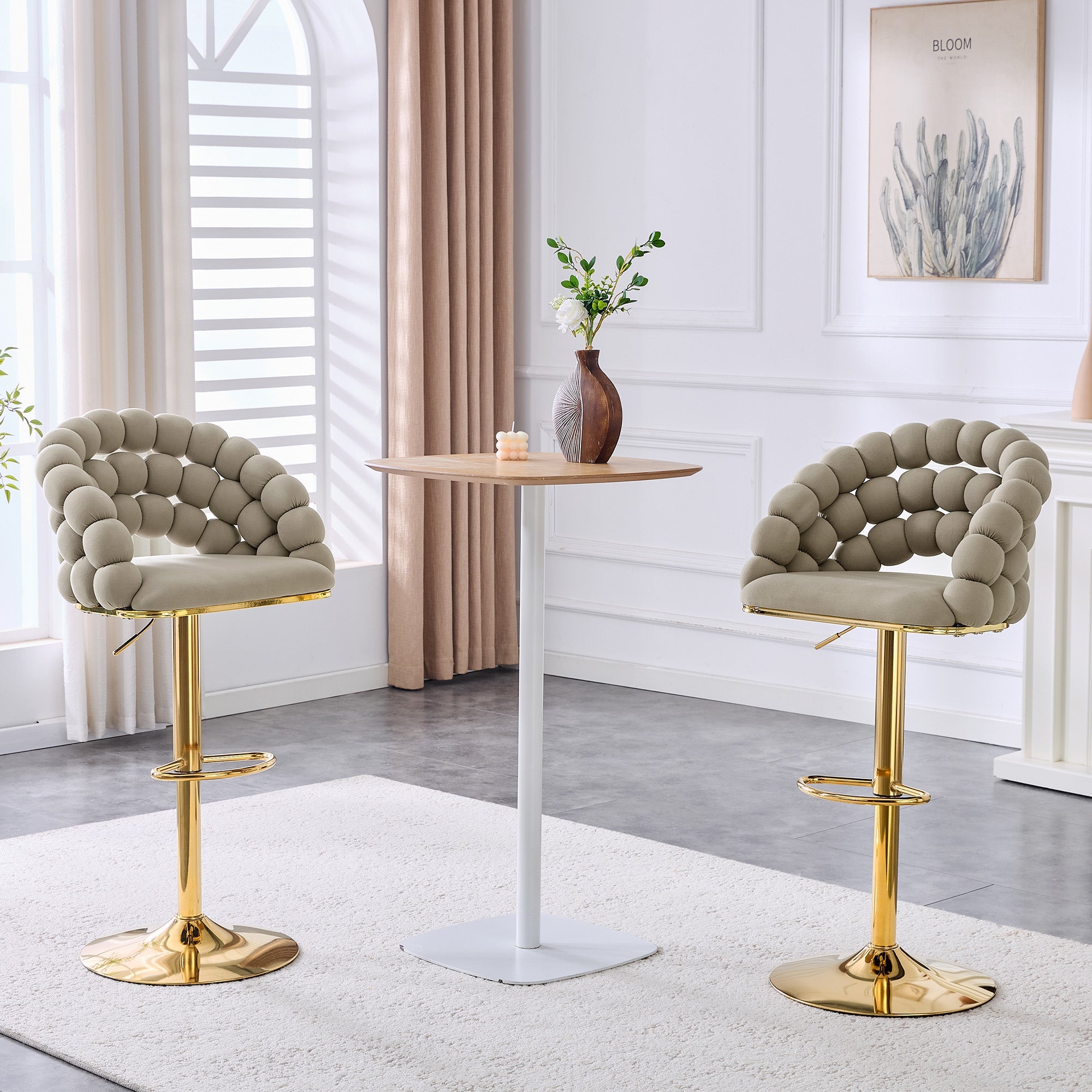 Logidon grijze fluwelen barkrukken set van 2 kogelketting rugleuning gouden frame