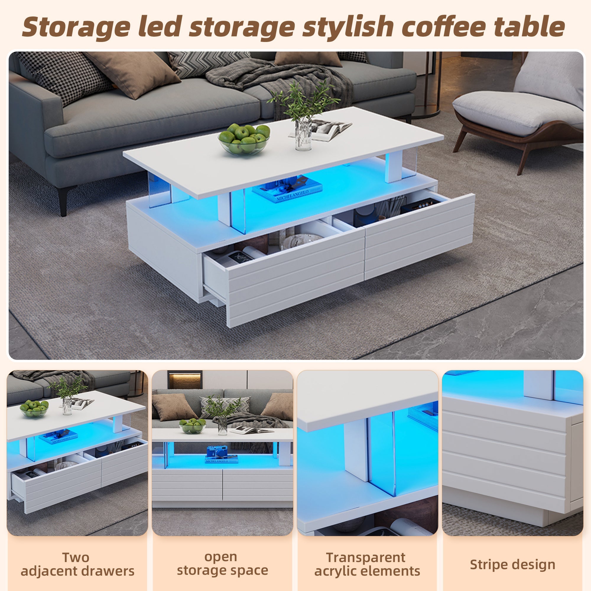 Logidon Witte LED Salontafel met Opbergruimte Bluetooth App Bediening 100x50x42 Cm