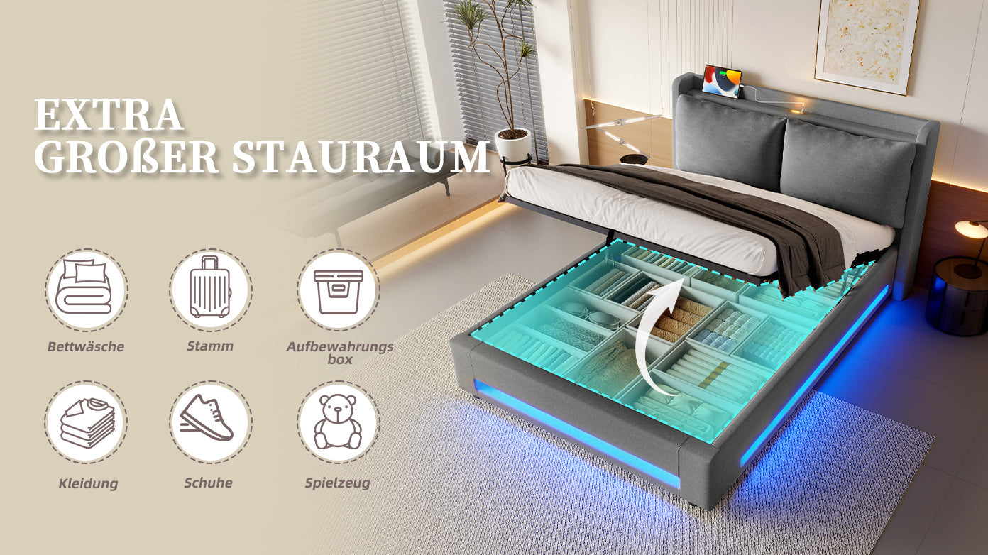 Logidon Modern gestoffeerd bed grijs 140x200 cm met opbergruimte en LED