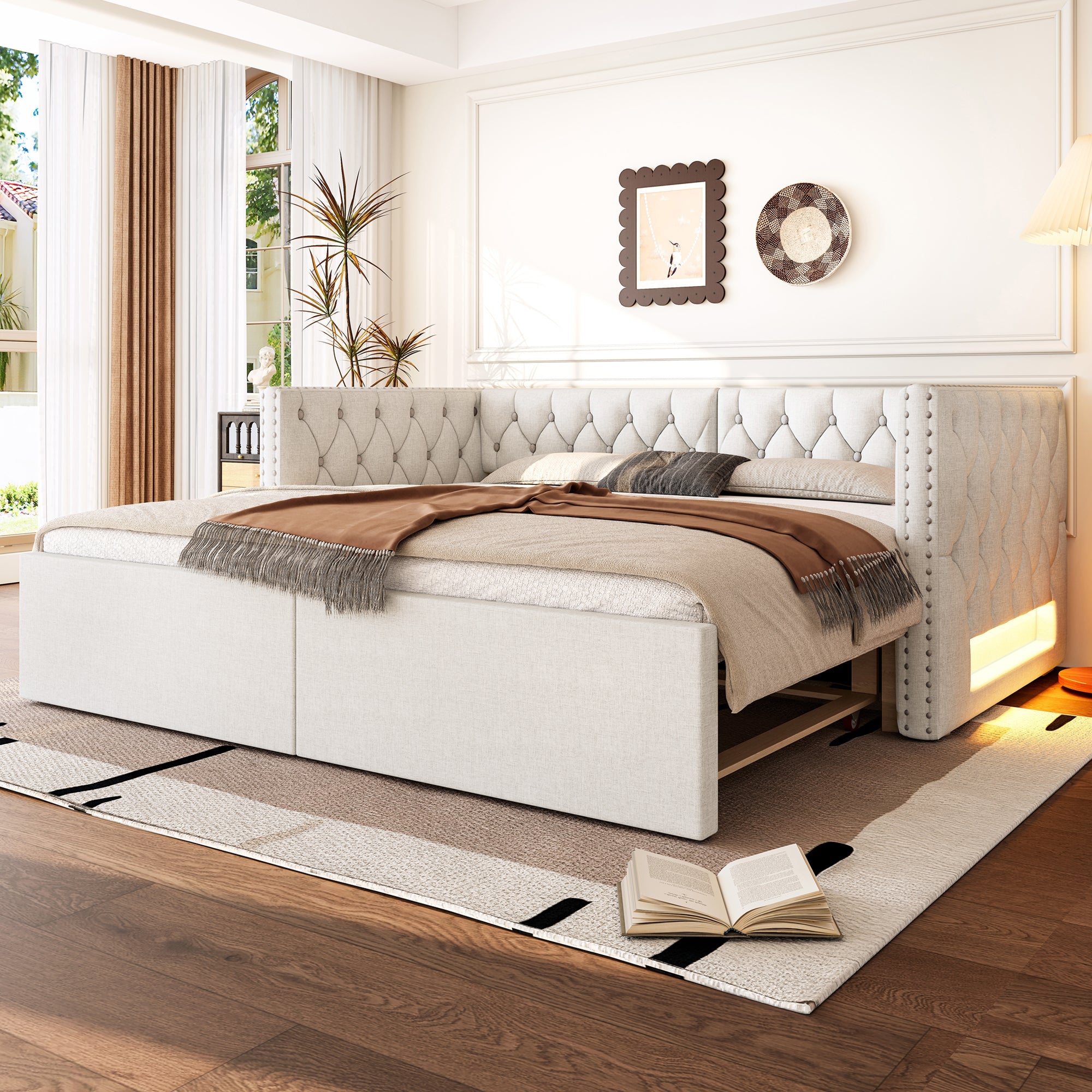 Logidon uitschuifbaar dagbed 90x200 tot 180x200 beige met LED