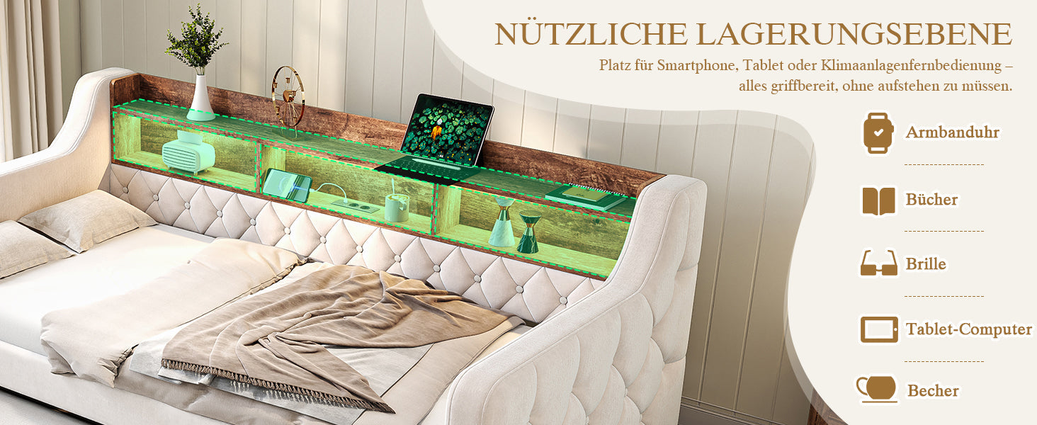 Logidon slaapbank 90x190 cm beige fluweel met opbergruimte LED USB-C