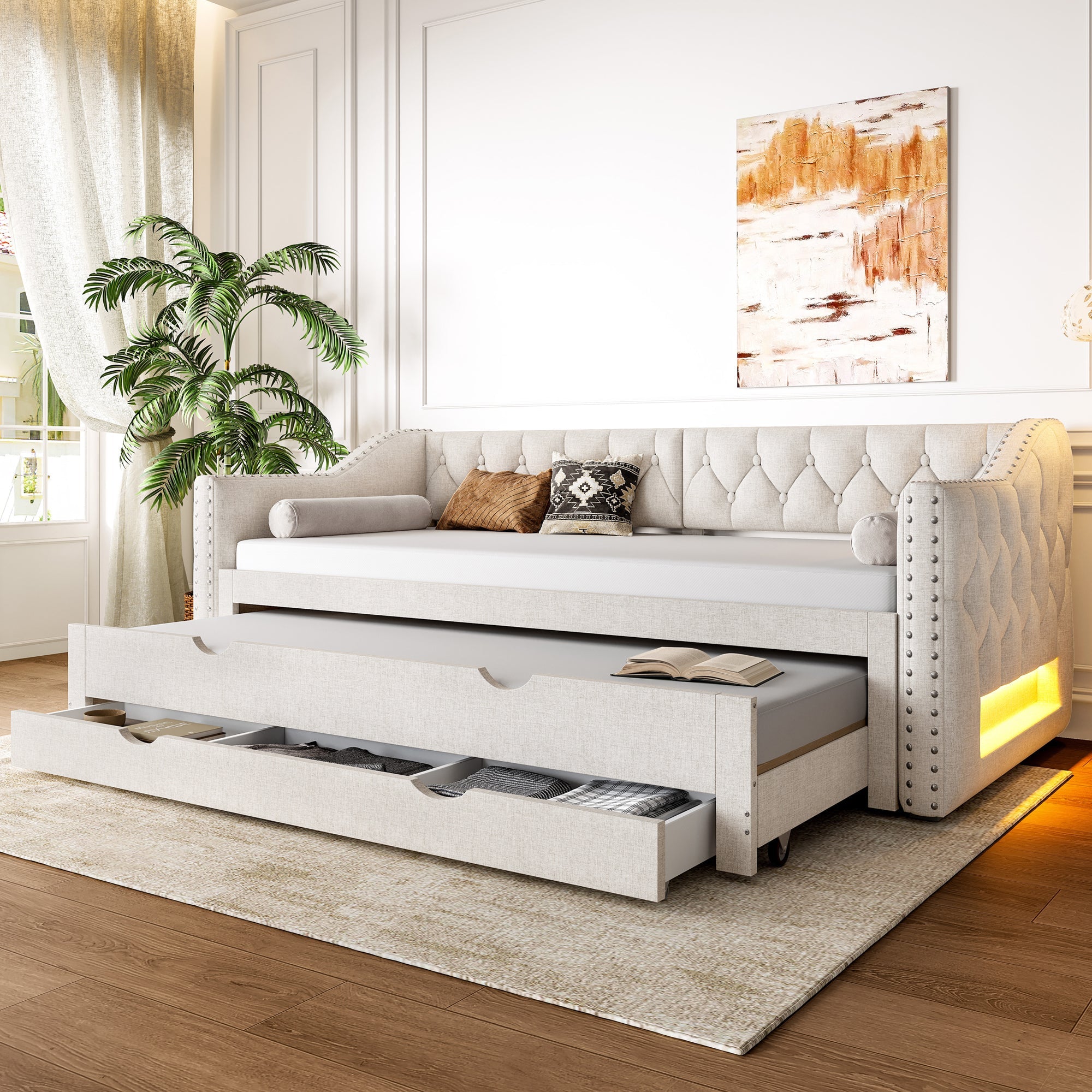 Logidon 90x200 gestoffeerd dagbed met LED-licht uitschuifbaar bed beige
