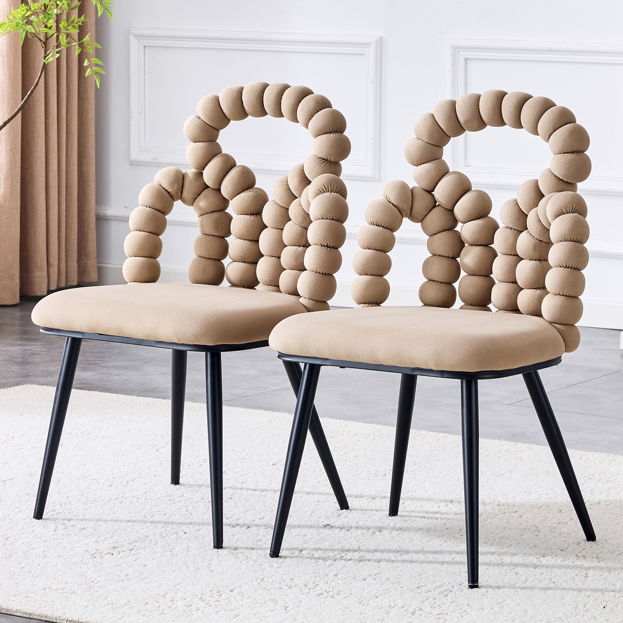 Logidon beige fluwelen eetkamerstoelen set met 2 kogelketting rugleuning